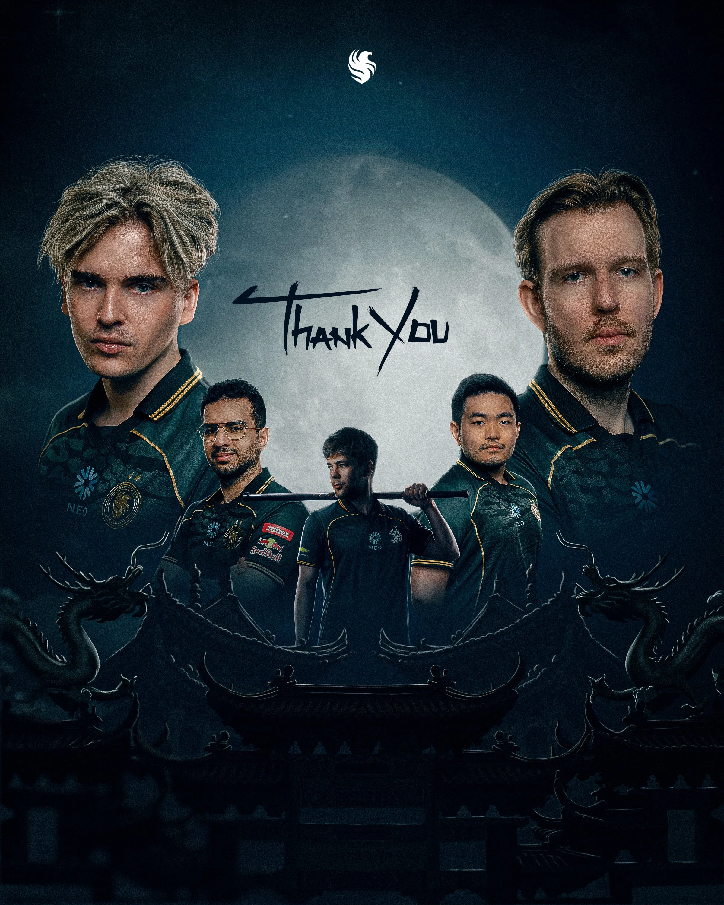 A group of eSports players in black jerseys with gold accents, standing in front of a dark background with a large moon and dragon-like structures, with the words 'Thank You' written across the middle.