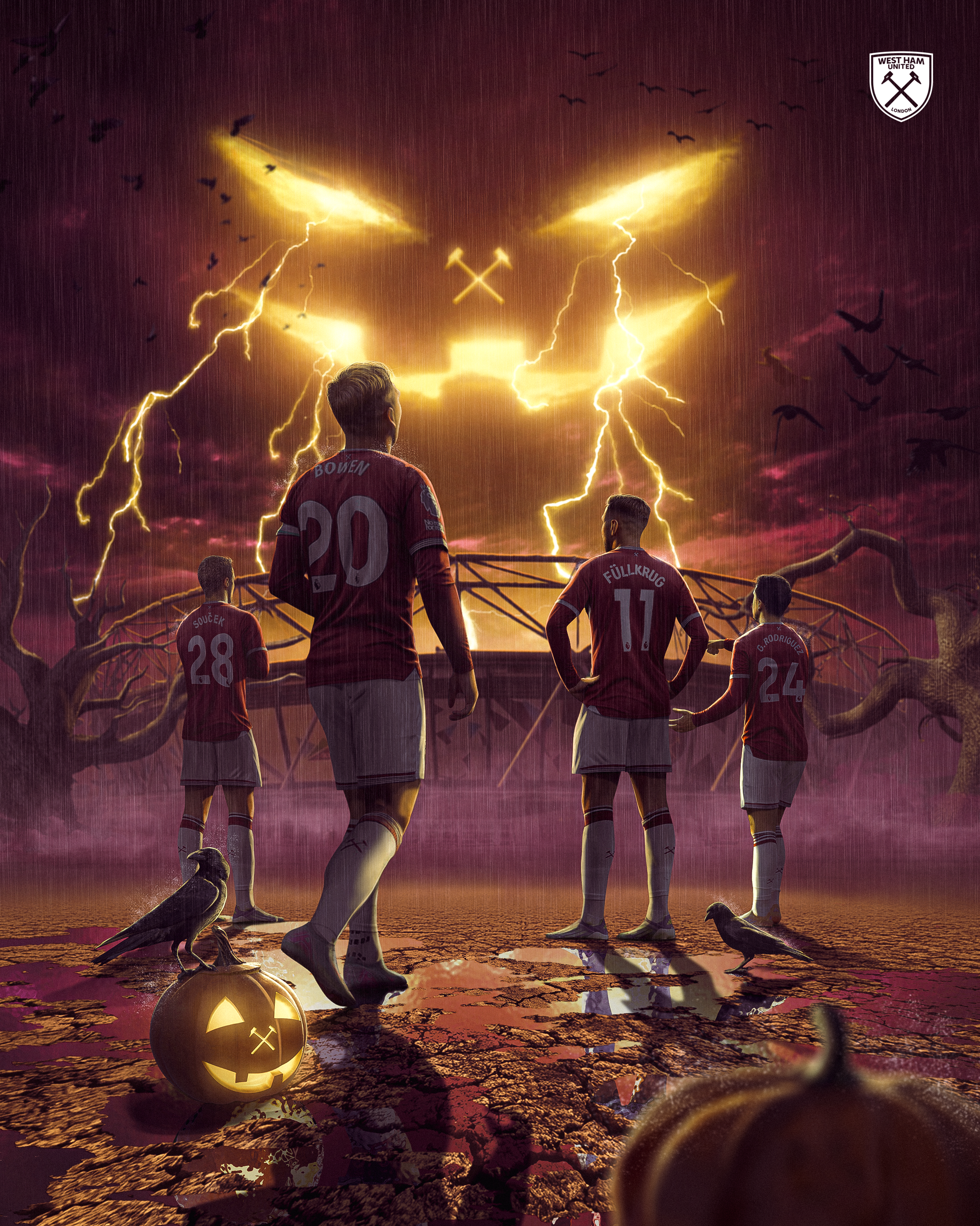 A group of football players in red jerseys standing on a cracked field under a dark, stormy sky with purple and orange hues. Lightning strikes in the sky, and bats fly overhead. A carved pumpkin with a light inside sits on the ground near the players.