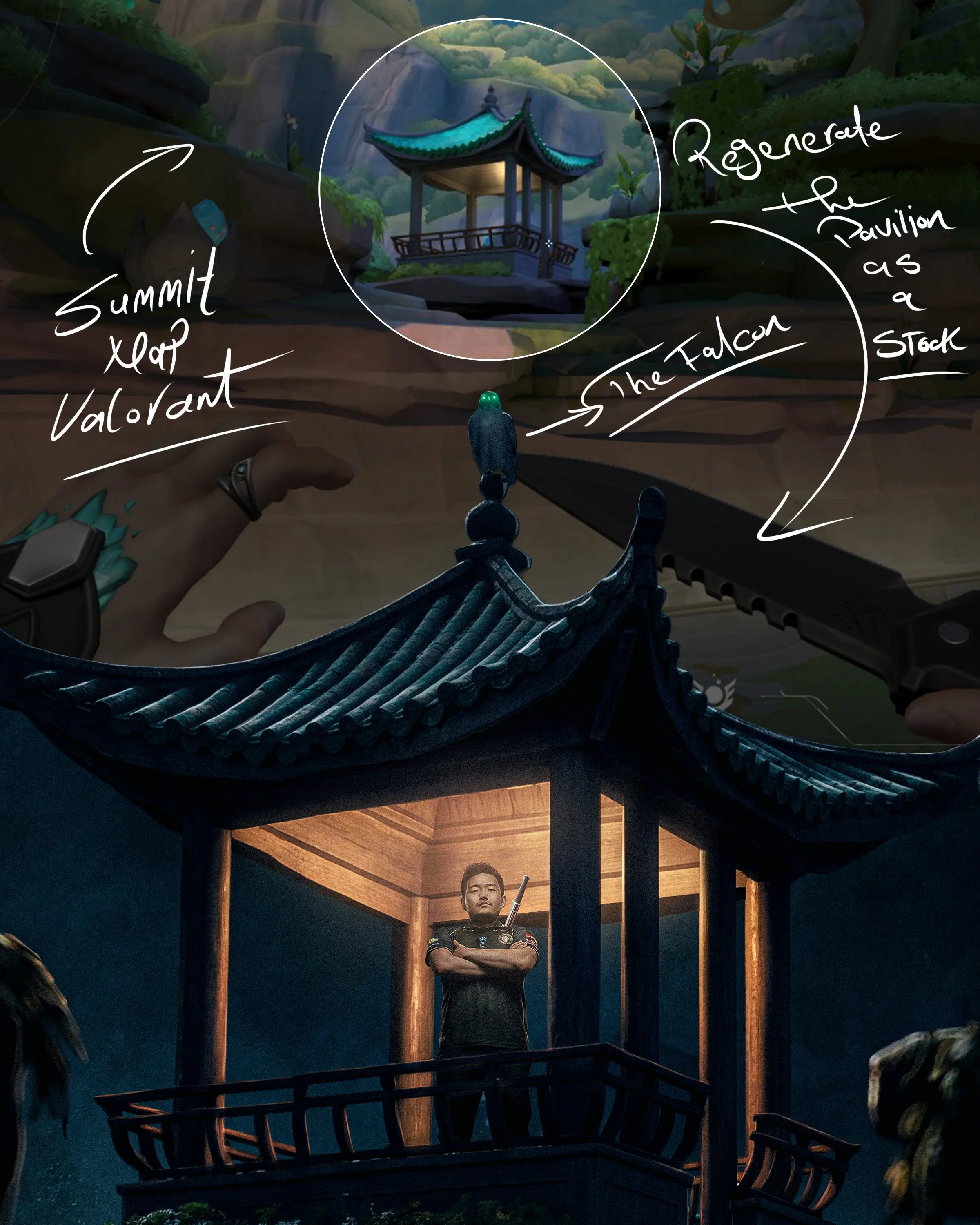A digital animation scene showing a similar pavilion on top of a mountain at sunset, with a figure of a man with crossed arms standing in front of a wooden structure below.