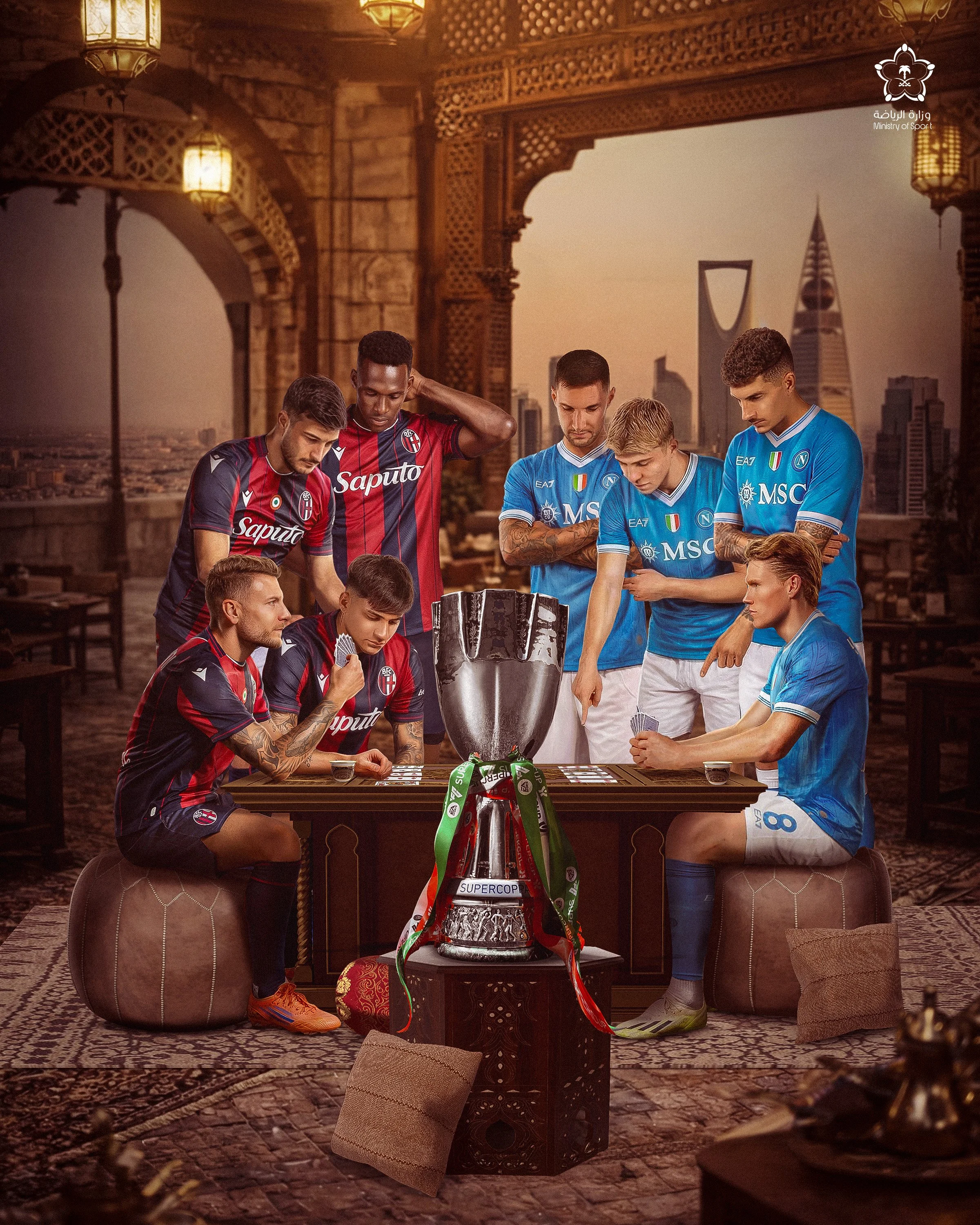 A group of soccer players in team jerseys gathered around a table with a large trophy in a room with ornate architecture and city skyline in the background.