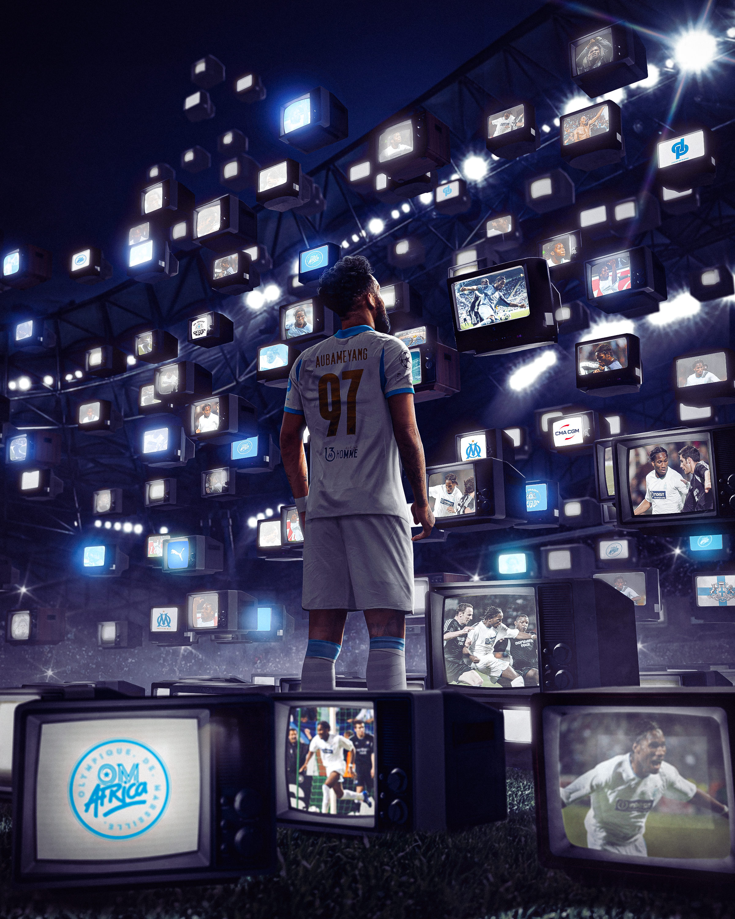 Multiple small television screens arranged in a sports stadium setting, some displaying images of soccer players and logos. A person wearing a white soccer jersey with the name 'Aubameyang' on the back stands among the screens, three-quarters view facing away from the camera. Bright lighting and a dark ceiling create a dramatic atmosphere.