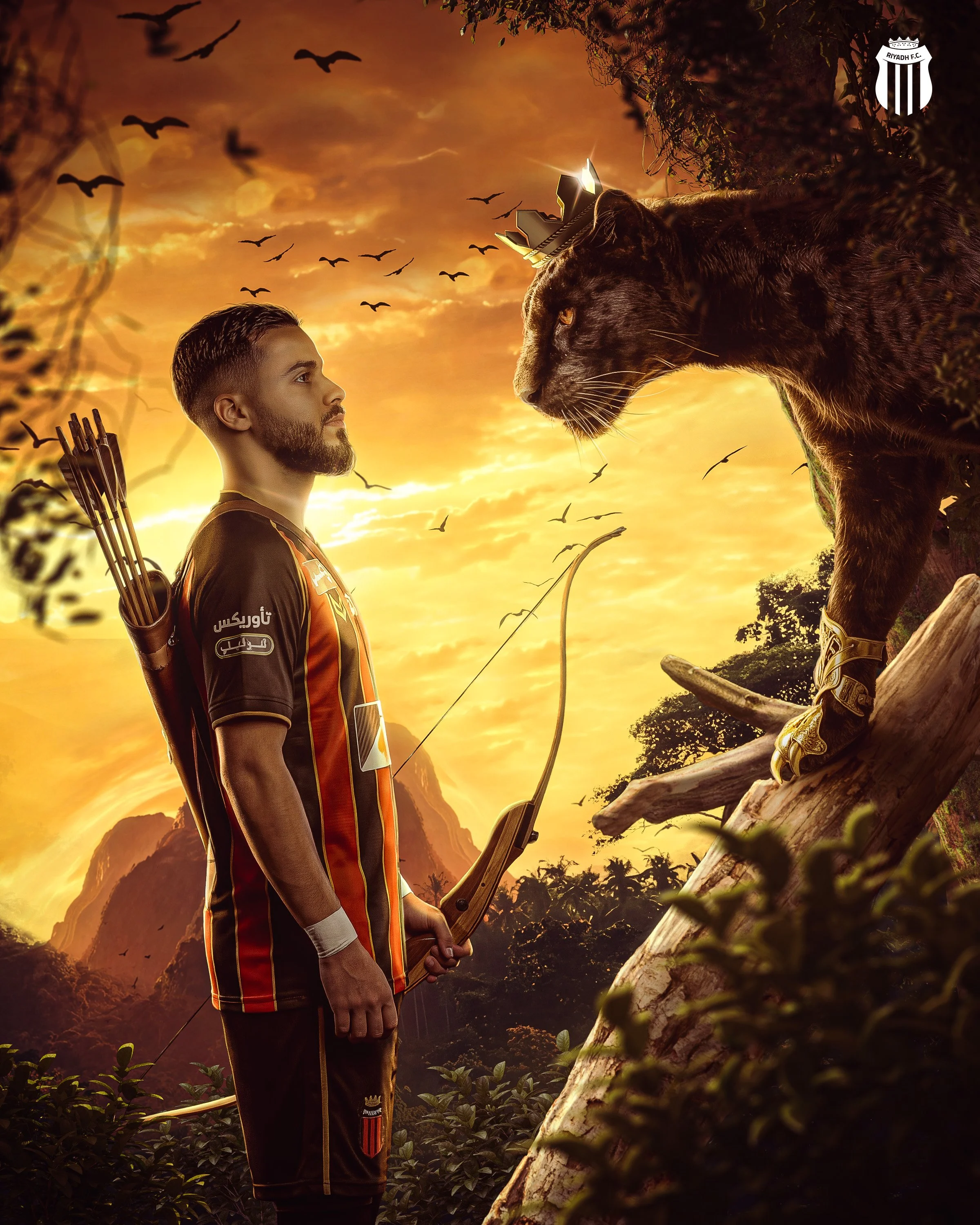 A man with a beard and a weighted shirt stands in front of a fierce black panther wearing a crown and a harness, both facing each other against a dramatic sunset background with flying birds, trees, and mountains.