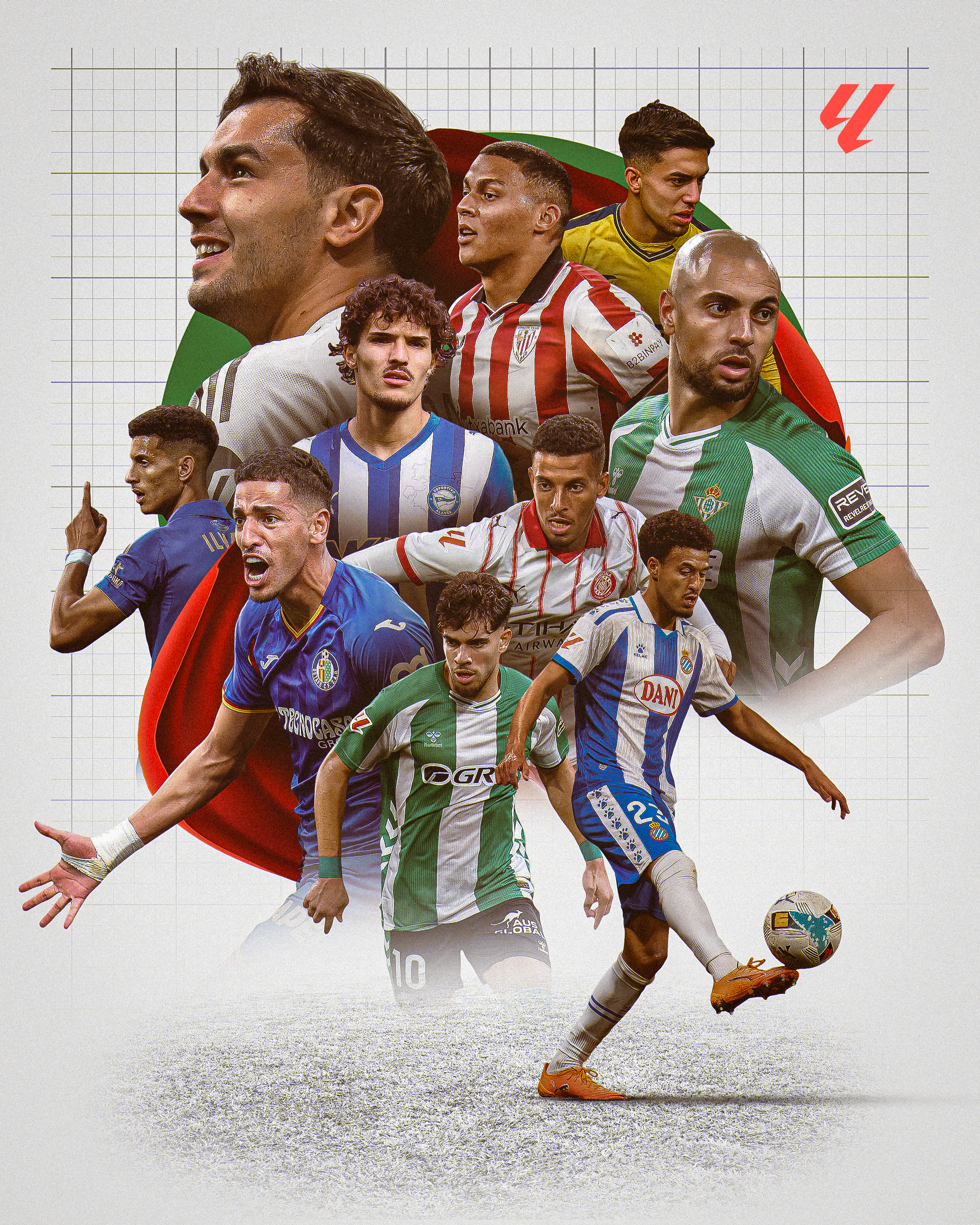 Collage of soccer players in action, set against a background with a grid pattern and a green and red curved shape, with a soccer ball on the ground.