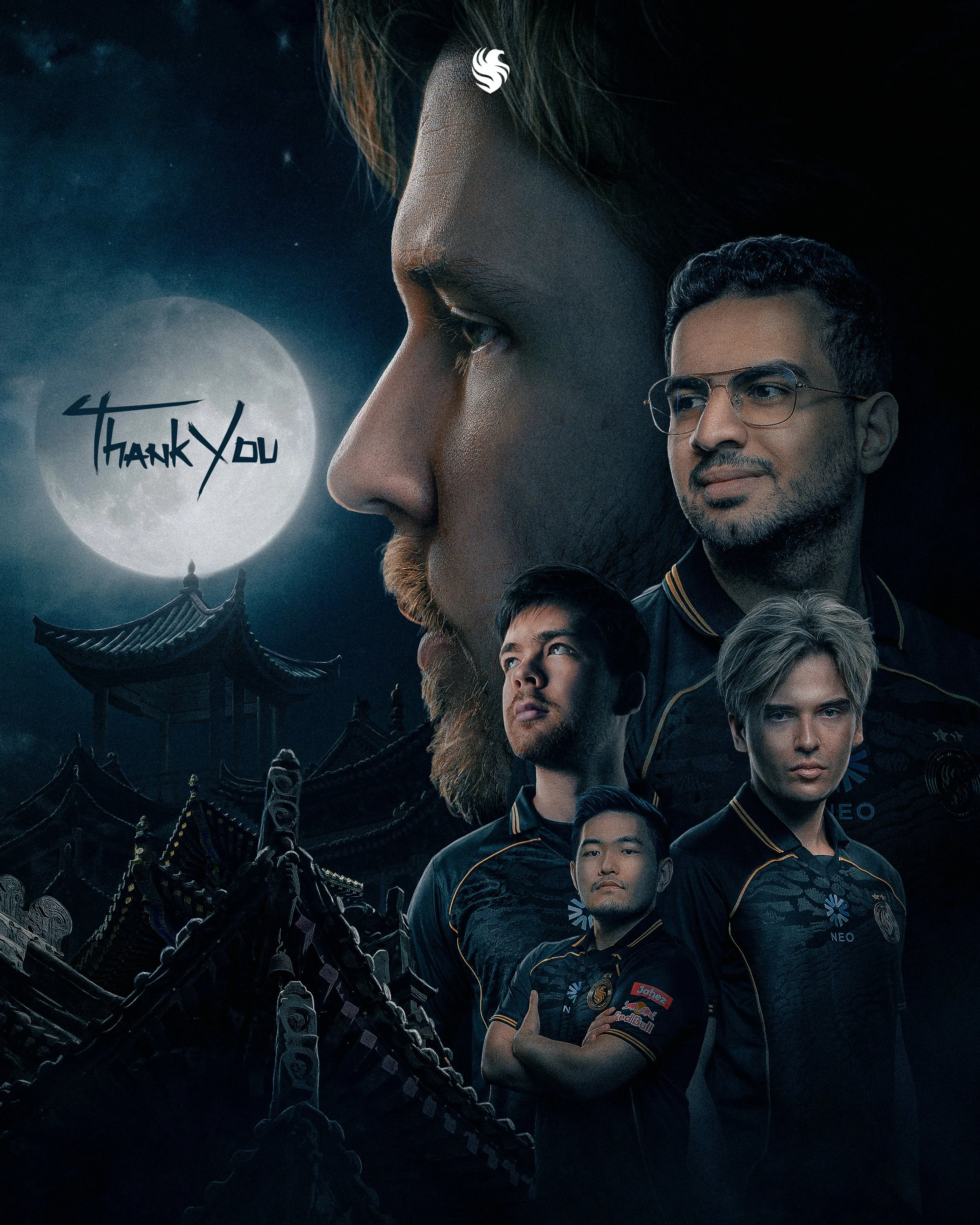 A promotional poster featuring multiple team members of an esports team in dark uniforms with sponsor logos, set against a night scene with a full moon, traditional Asian architecture, and a dragon sculpture. The prominent word 'Thank You' is written near the moon.