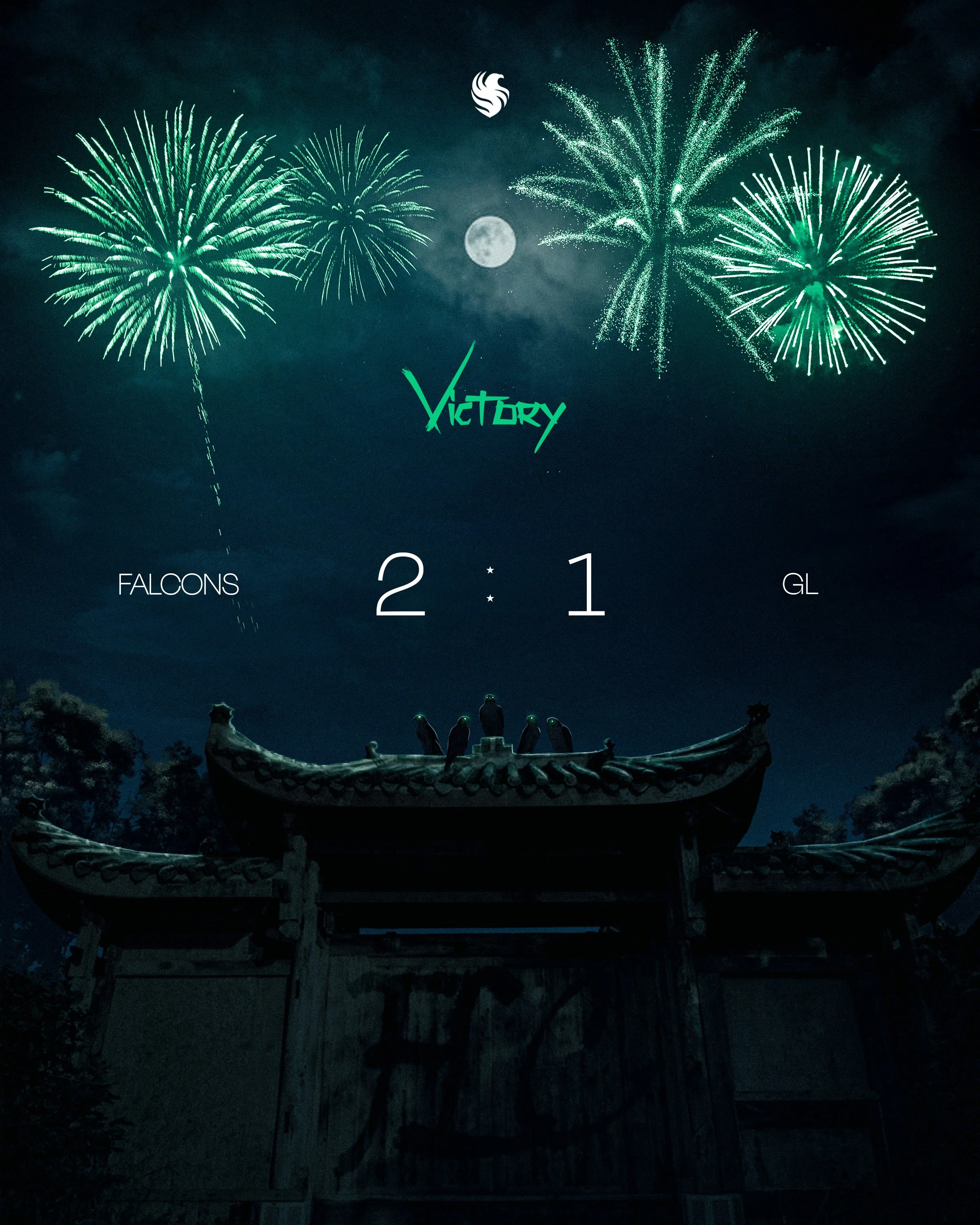 Nighttime scene with fireworks in green and teal colors, a full moon in the sky, and a traditional Chinese dragon-shaped roof structure with small statues on top.