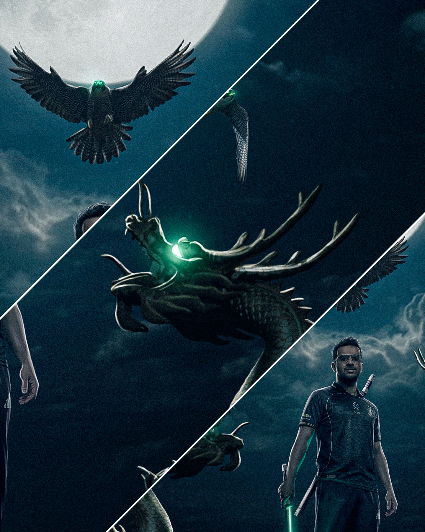 A man in a black shirt and glasses standing next to a large dragon sculpture with glowing green eyes, with two hawk-like birds flying overhead against a cloudy sky.