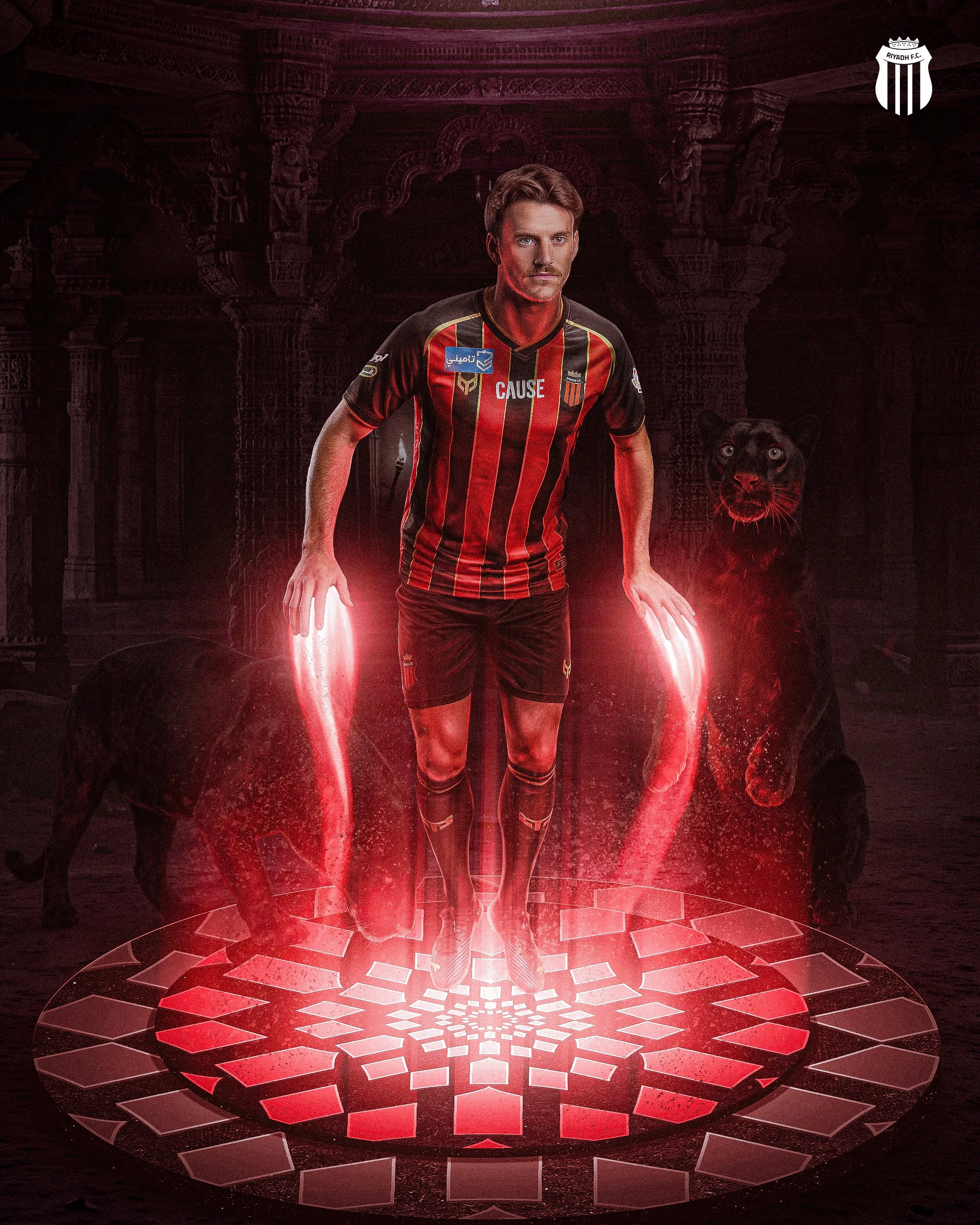 A soccer player wearing a black and red striped jersey standing in a digital rendering of a dark, ancient temple with a black panther in the background. The player is under glowing red and white lights.