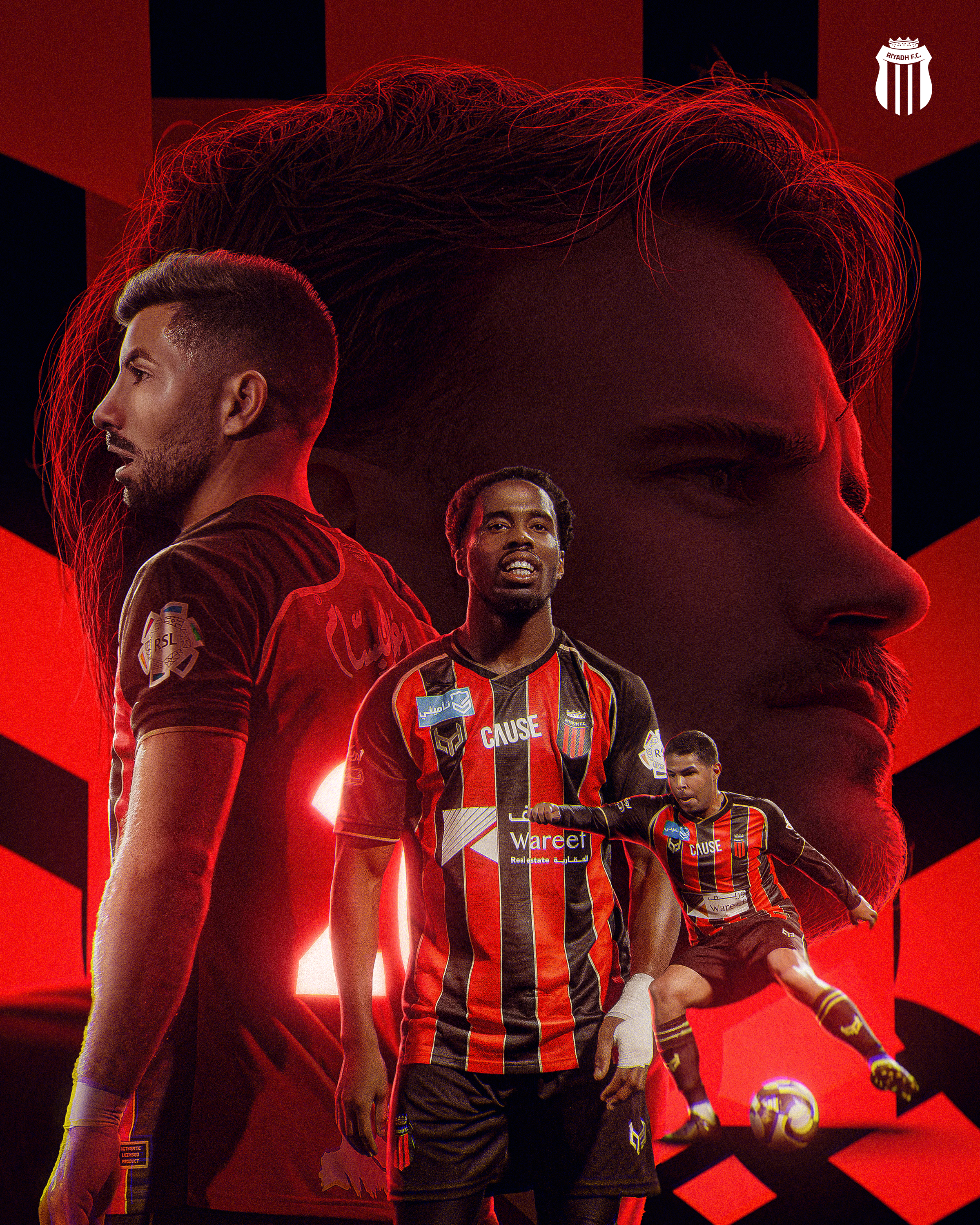 Group of soccer players wearing red and black jerseys, with one player in front smiling, on a red and black background with the Riyadh F.C. crest visible in the top right corner.