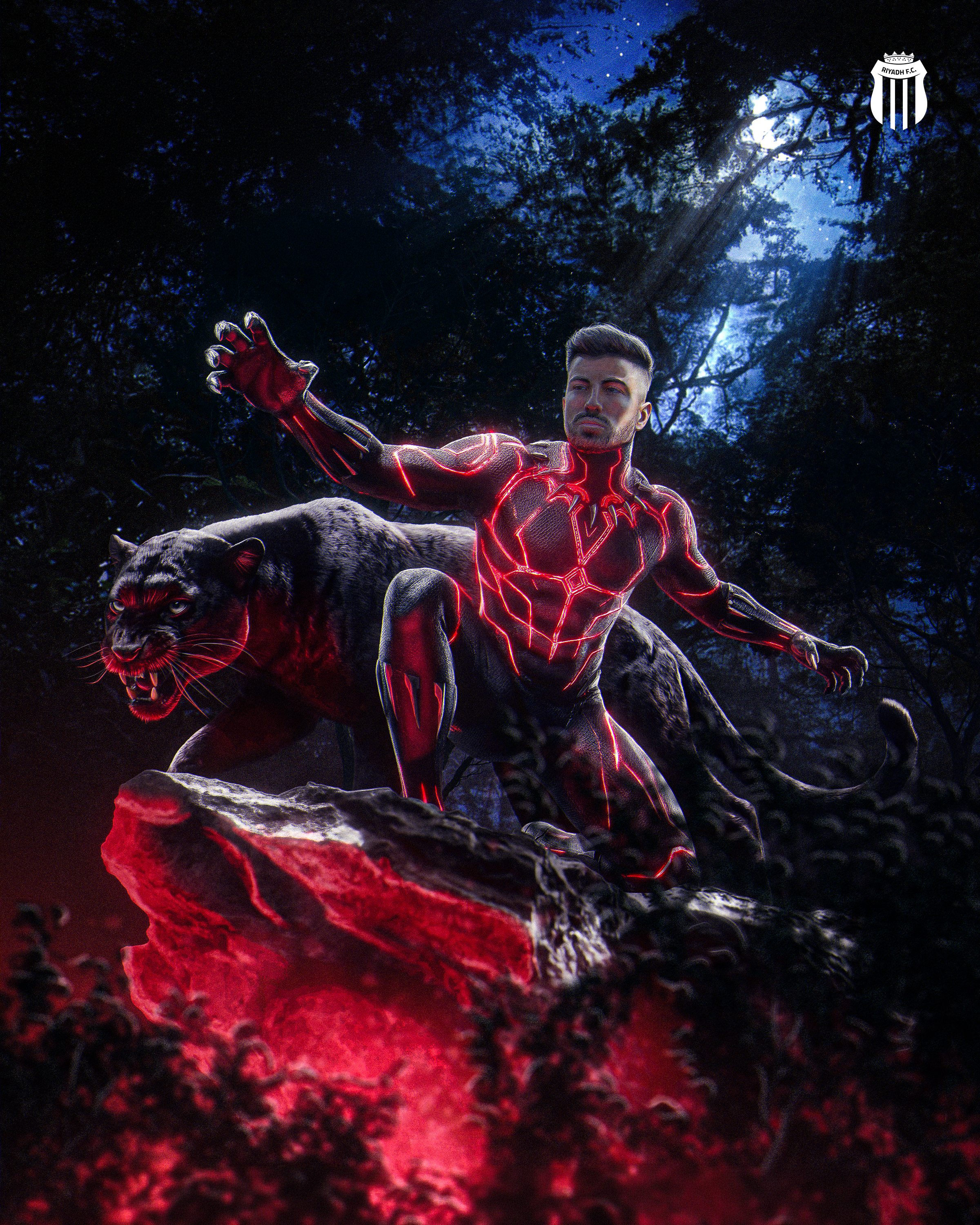 A man in a black superhero suit with red glowing lines, resembling Spider-Man, stands on a rocky terrain in a forest at night with the moon shining through the trees. He is reaching out with his left hand, and there is a black panther next to him.