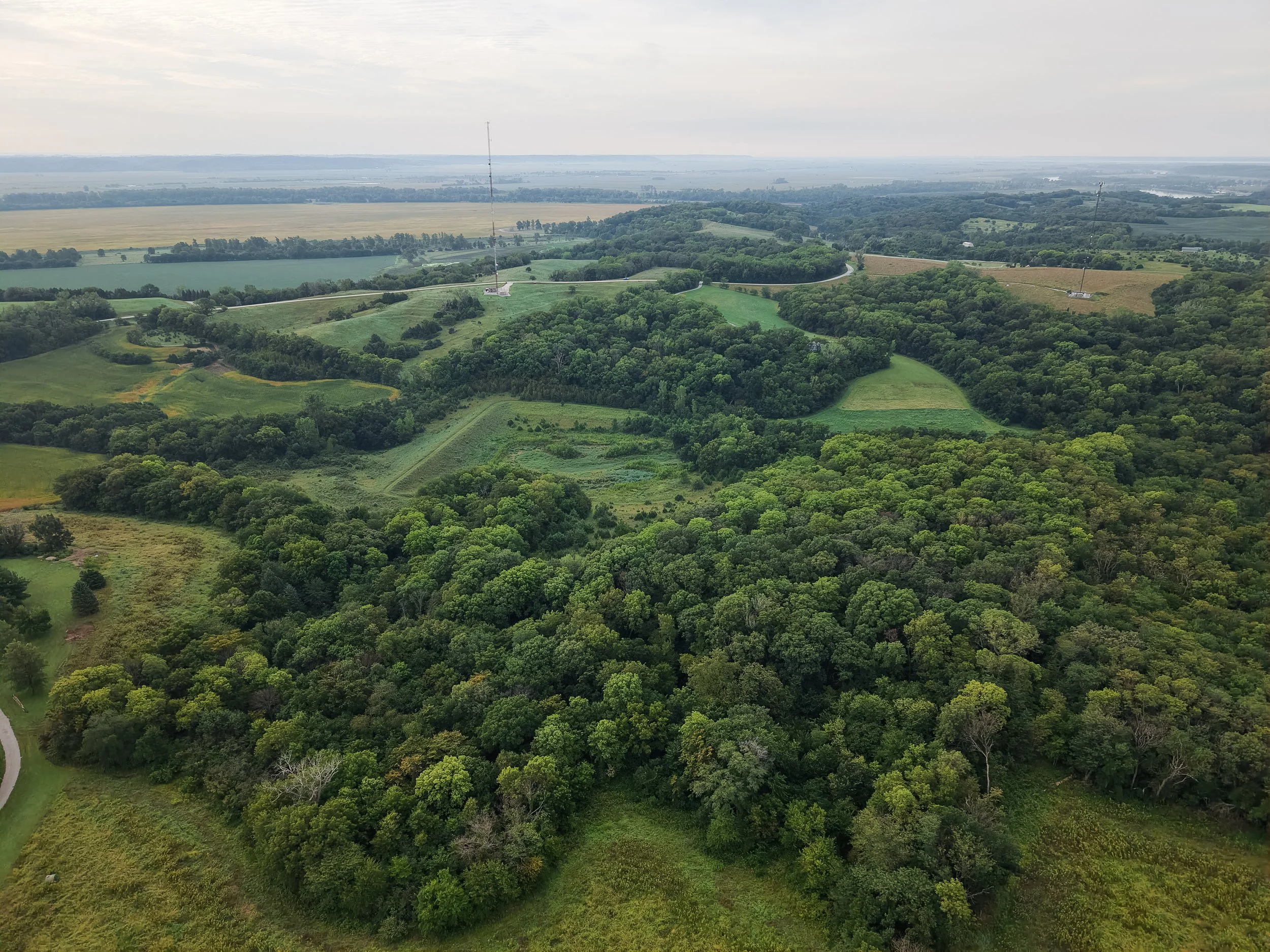 Aerial view of green forest, rolling farmland, winding roads, and a hazy rural landscape under an overcast sky