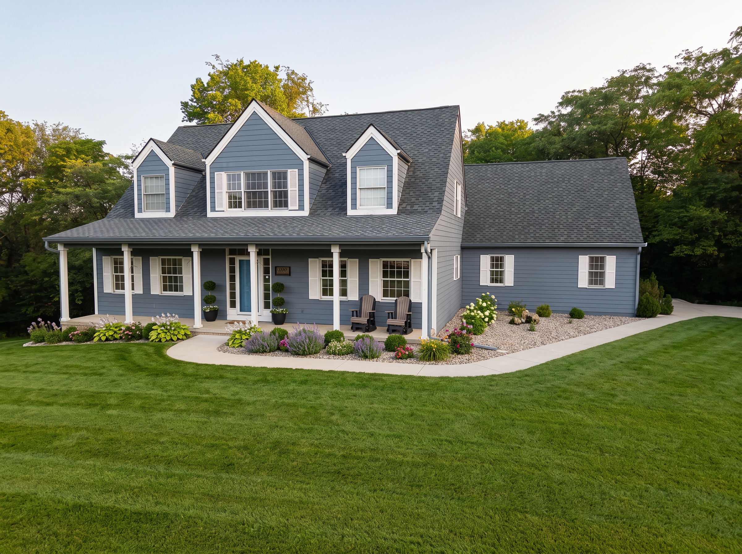 Blue-gray two-story suburban house with white trim, covered porch, landscaped garden, and manicured lawn
