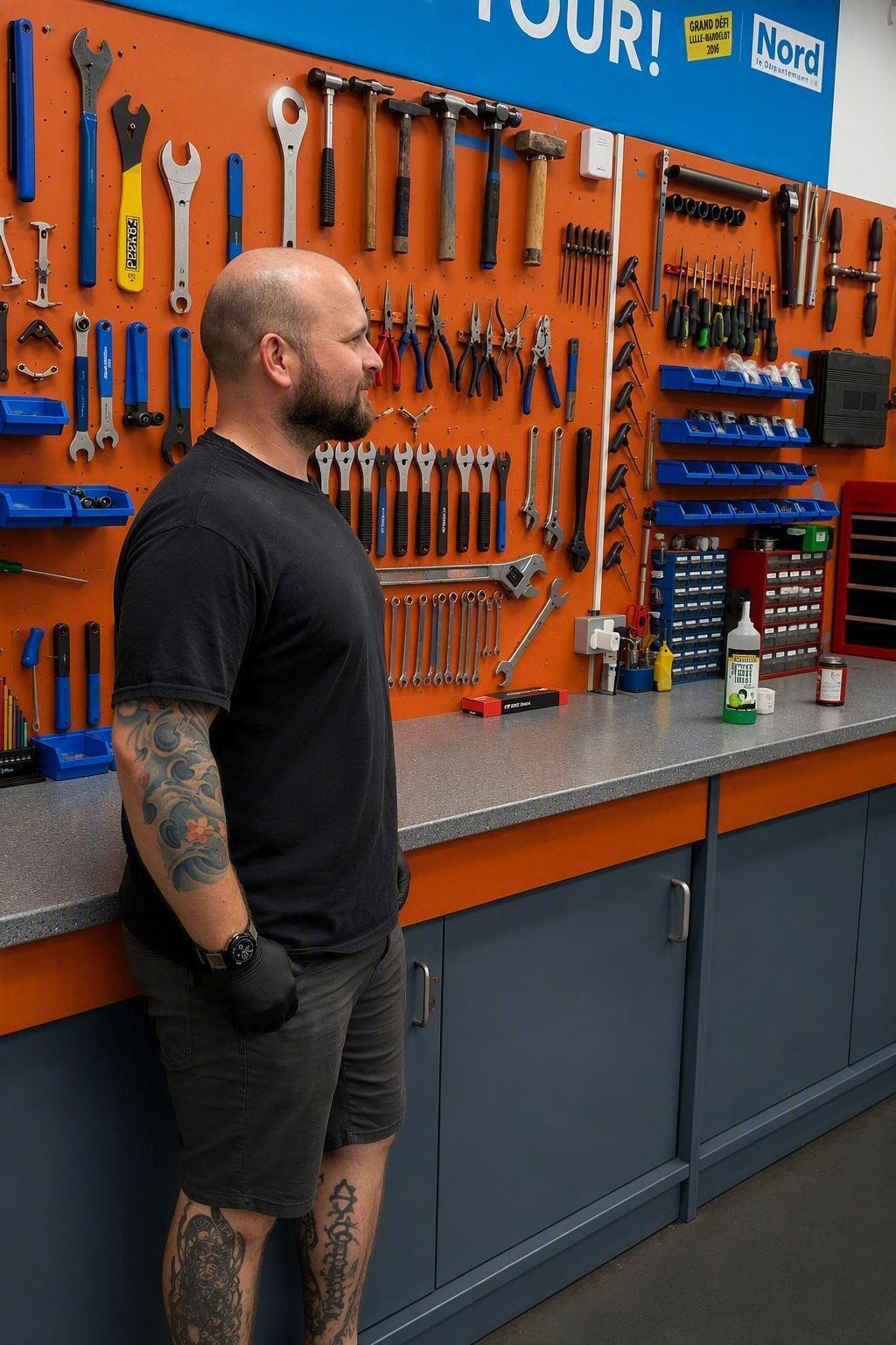 Man with tattoos and a beard standing in a workshop with tools on an orange pegboard behind him.