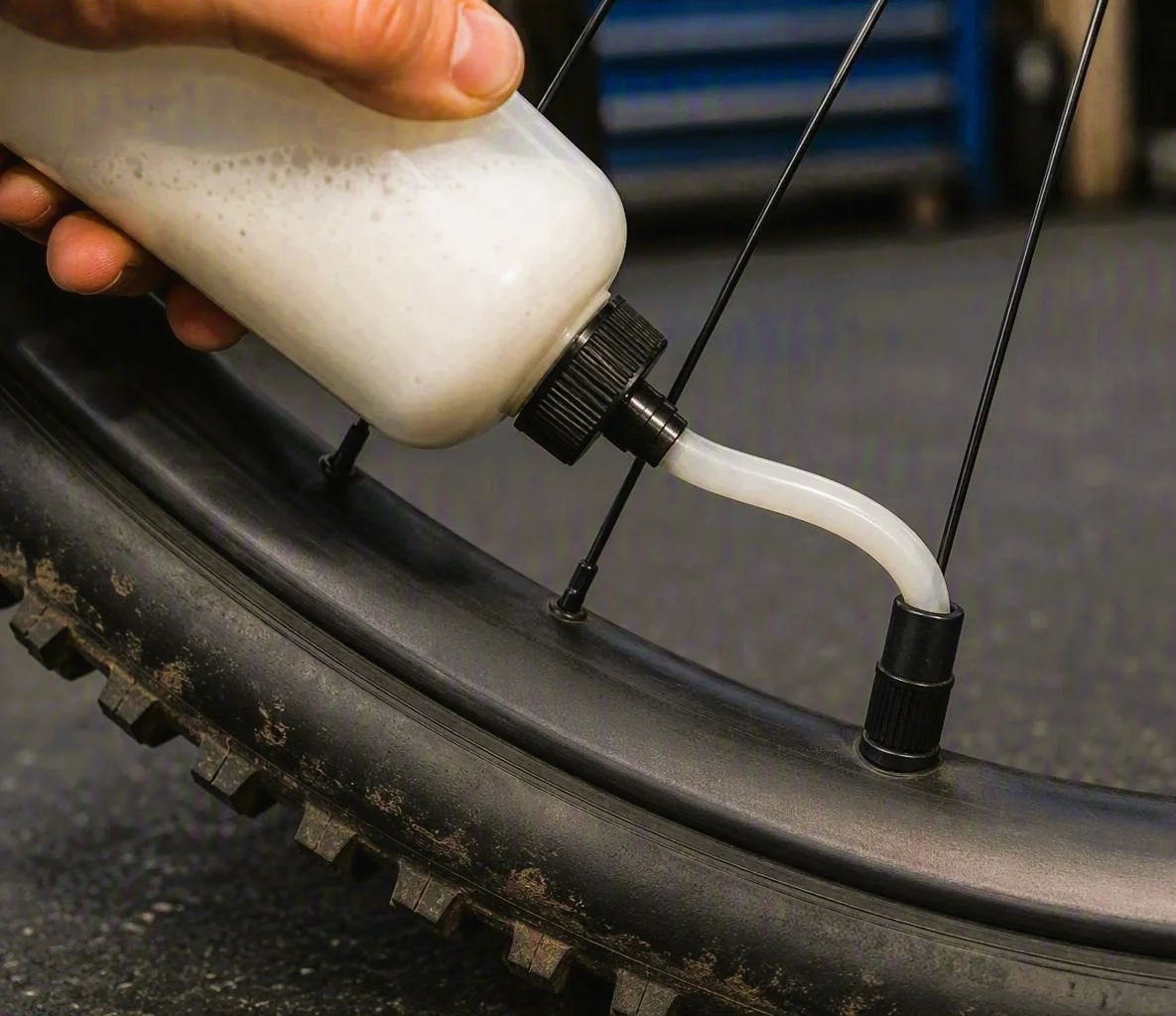 A person inflating a bicycle tire with a tire pump, using a bottle to add sealant or liquid to the tire.