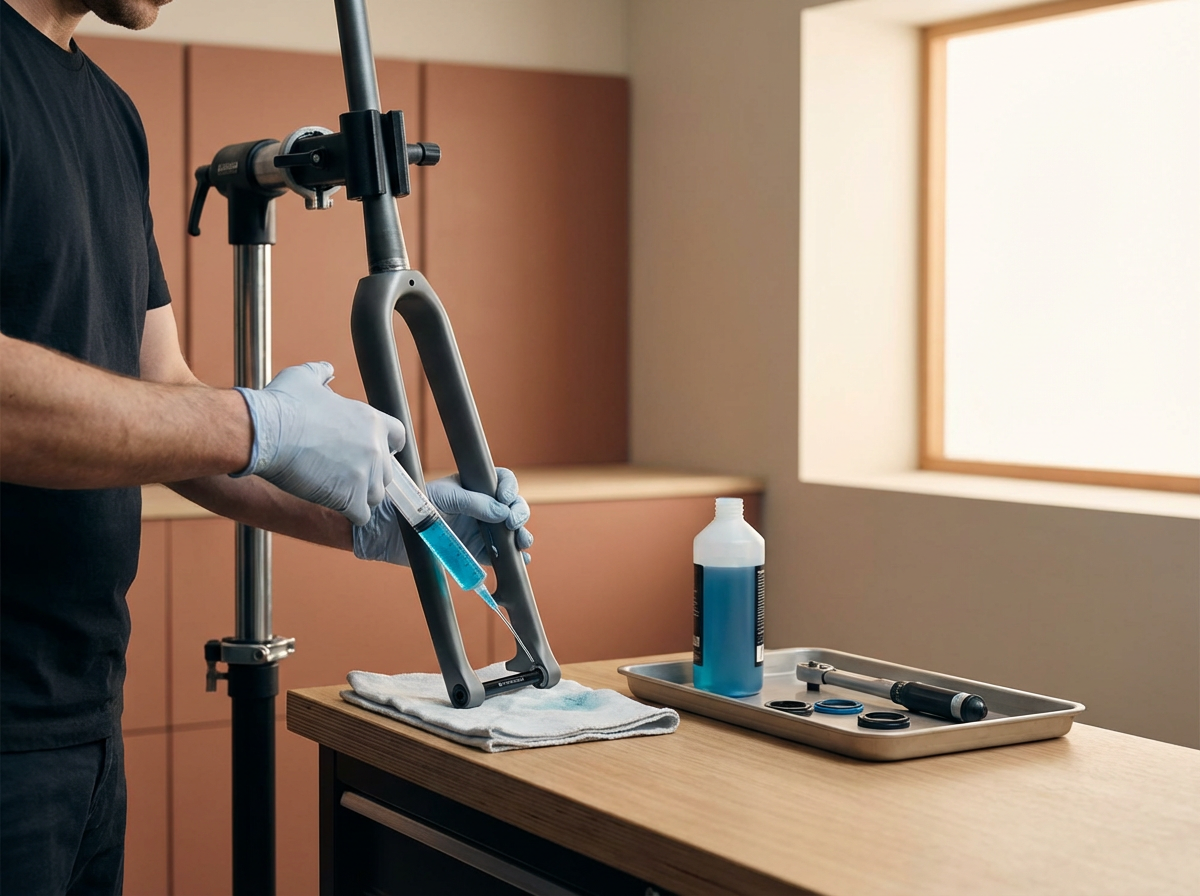 A person wearing blue gloves is working on a bicycle frame, injecting blue lubricant or cleaner into the frame with a syringe. There are tools and a bottle of blue liquid on a tray on the table, in a well-lit room.