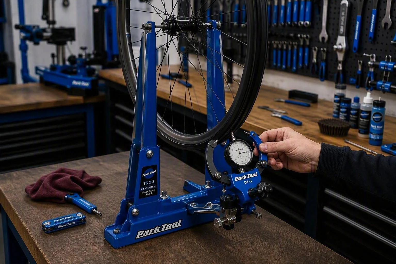 Person measuring a bicycle wheel with a Park Tool stand and dial gauge in a workshop.