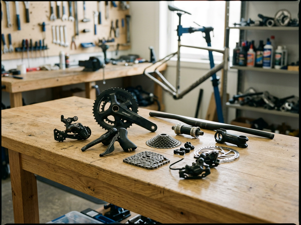 A wooden workbench in a bike repair shop with various bicycle parts and tools, including chainrings, derailleurs, and a bicycle frame in the background.