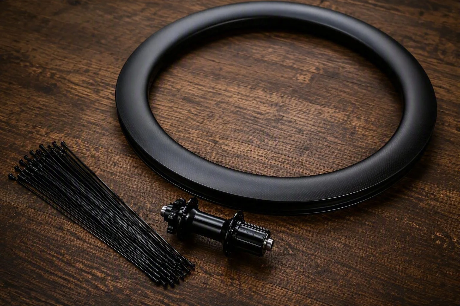 A black circular bike trainer, along with black spokes, all placed on a wooden surface.