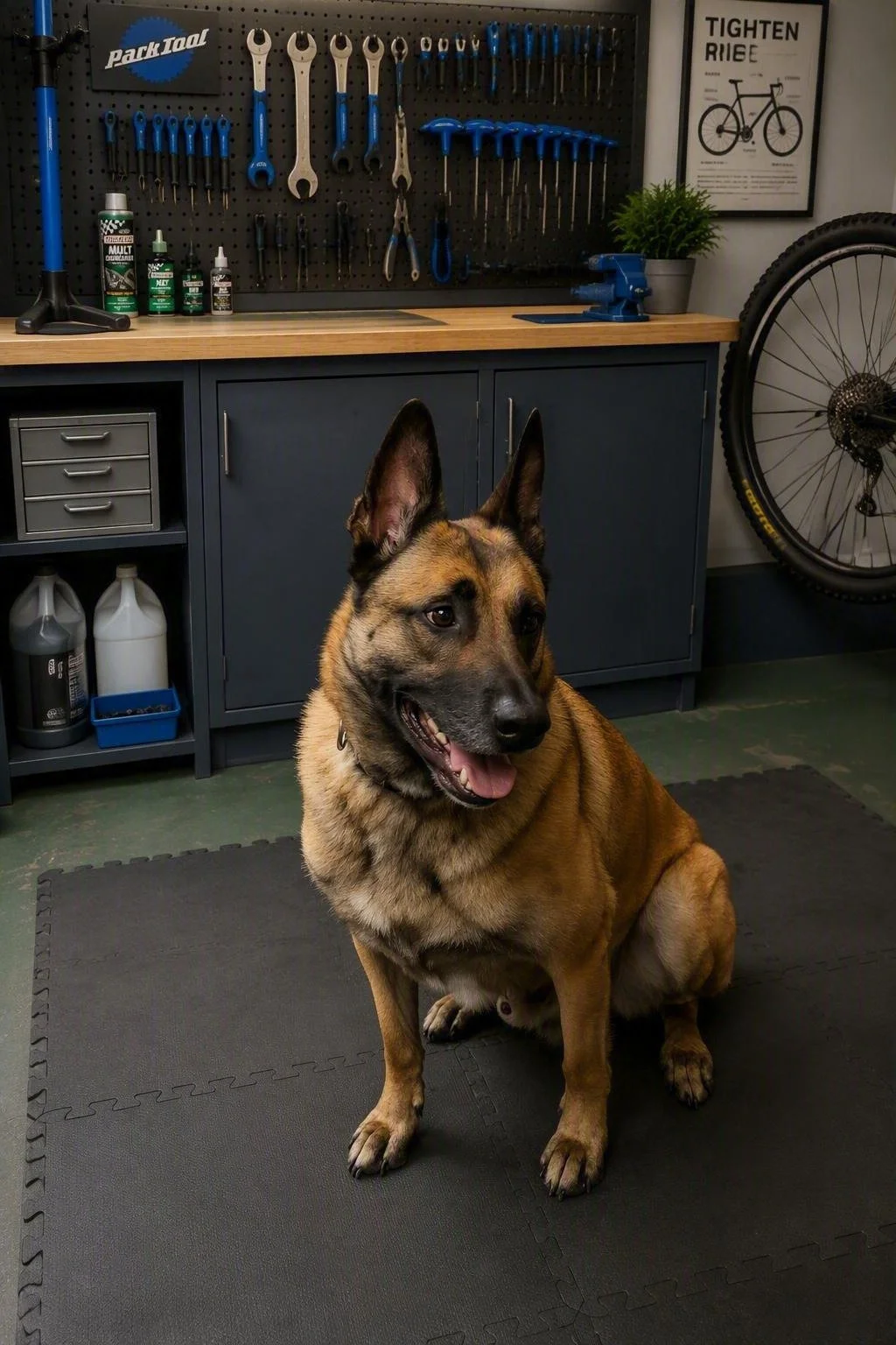A Belgian Malinois dog sitting on a black rubber mat in a workshop or garage, with a pegboard full of tools and a framed bicycle poster in the background.