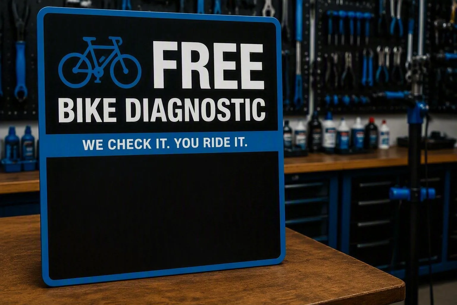 Sign advertising free bike diagnostics with instruction to check the bike and ride it, in a bike workshop with tools and supplies in the background.