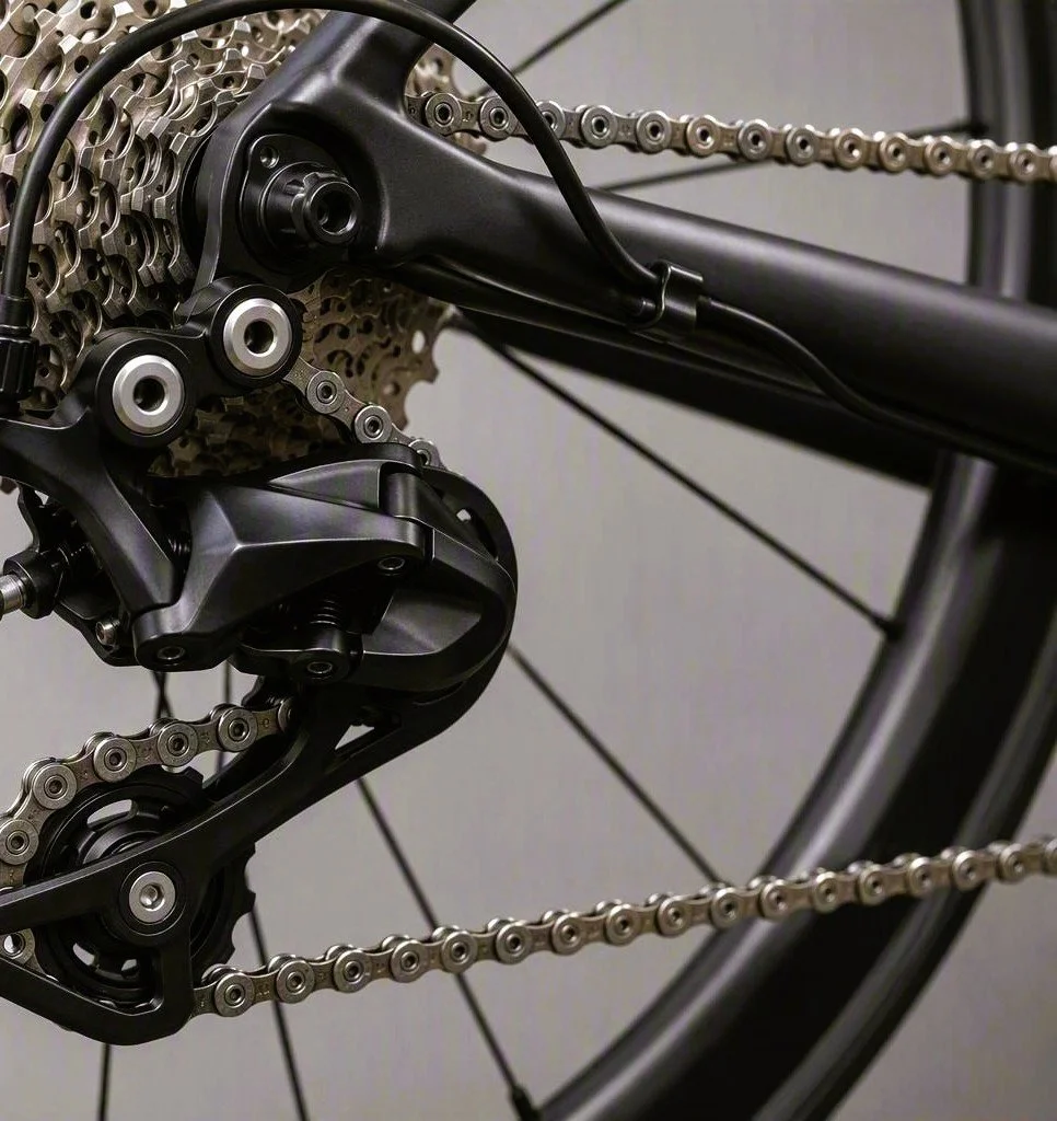 Close-up of a bicycle drivetrain, showing the cassette, derailleur, chain, and part of the wheel.
