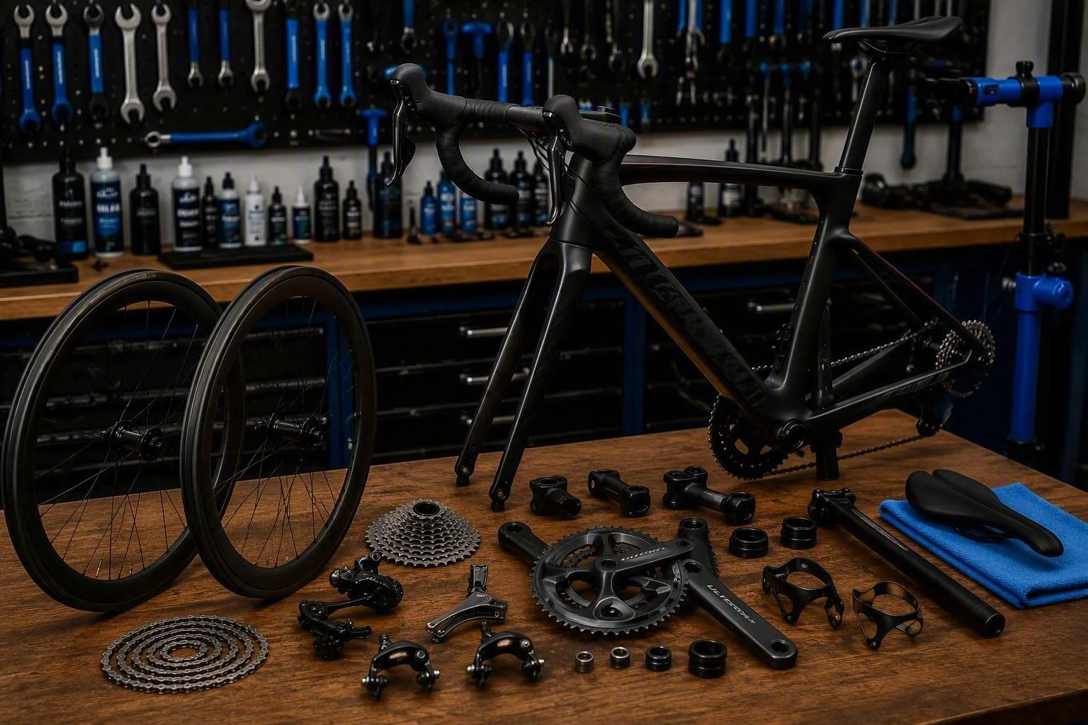 Disassembled black road bike with components on a wooden workbench, including wheels, chainring, crankset, derailleur, handlebar, and other parts, in a bike workshop.
