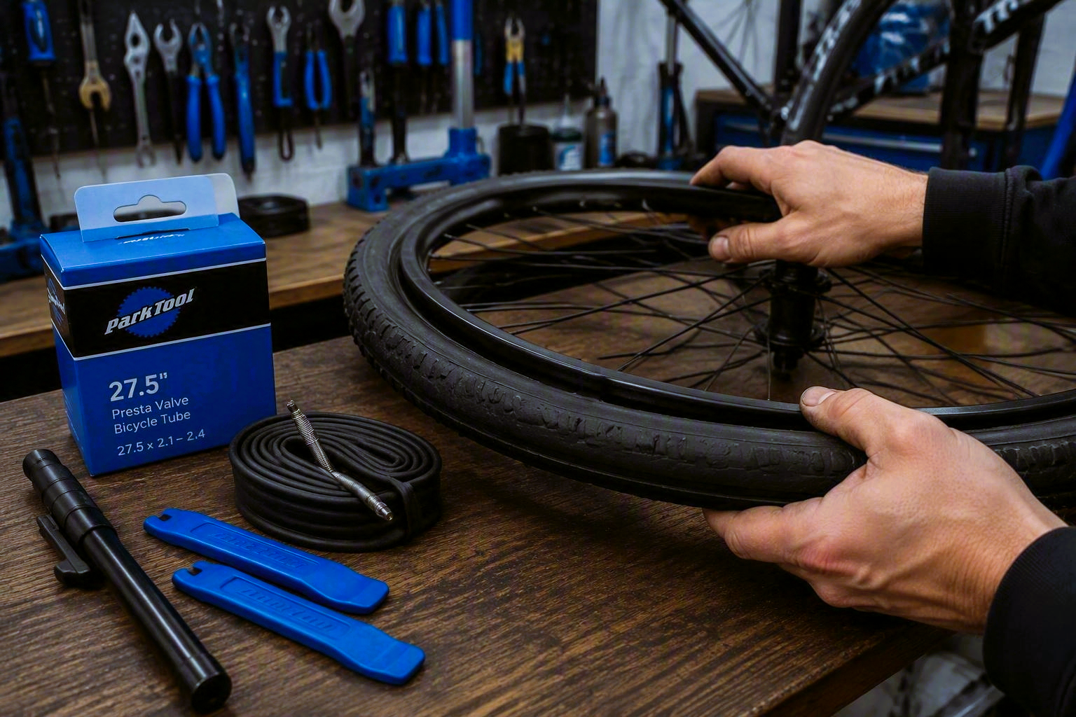 Person assembling a bicycle wheel, with tools, a bicycle tube, and a box of bike inner tube parts on a workshop table.