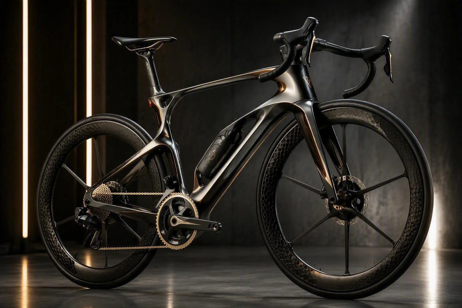 A black and gold high-end road bicycle with aerodynamic frame, disc brakes, and deep-dish carbon wheels, displayed against a dark background with subtle lighting.
