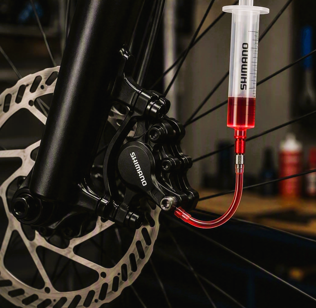 A close-up of a mountain bike's front suspension fork and disc brake, with a syringe containing red fluid attached to a tubing connected to the brake system.
