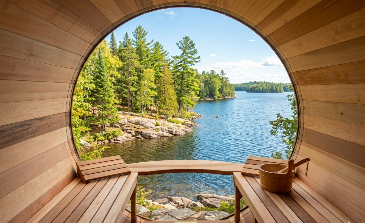 Wooden sauna overlooking a lake surrounded by trees on a sunny day.