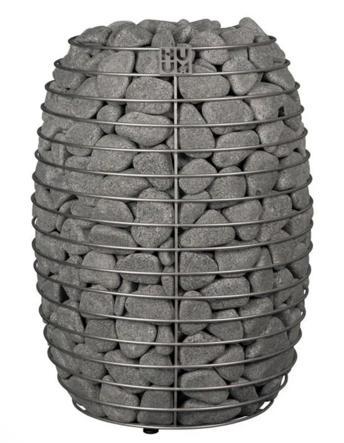 A decorative wire basket filled with gray rocks.