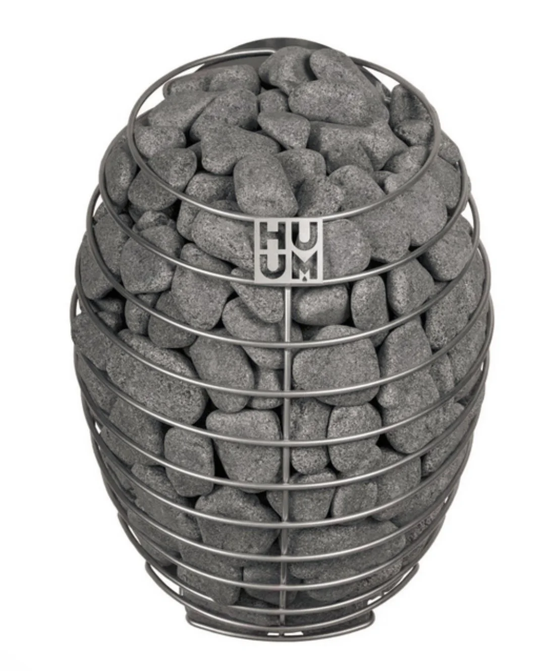 A metal decorative urn filled with small gray stones, with the word 'HUM' etched on the front ring of the urn.