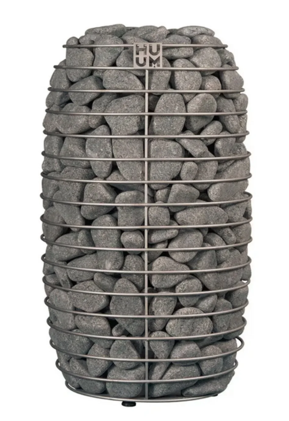 A large bundle of gray gravel stones enclosed in a metal wire cage, typically used as a sauna heater or for thermal insulation.