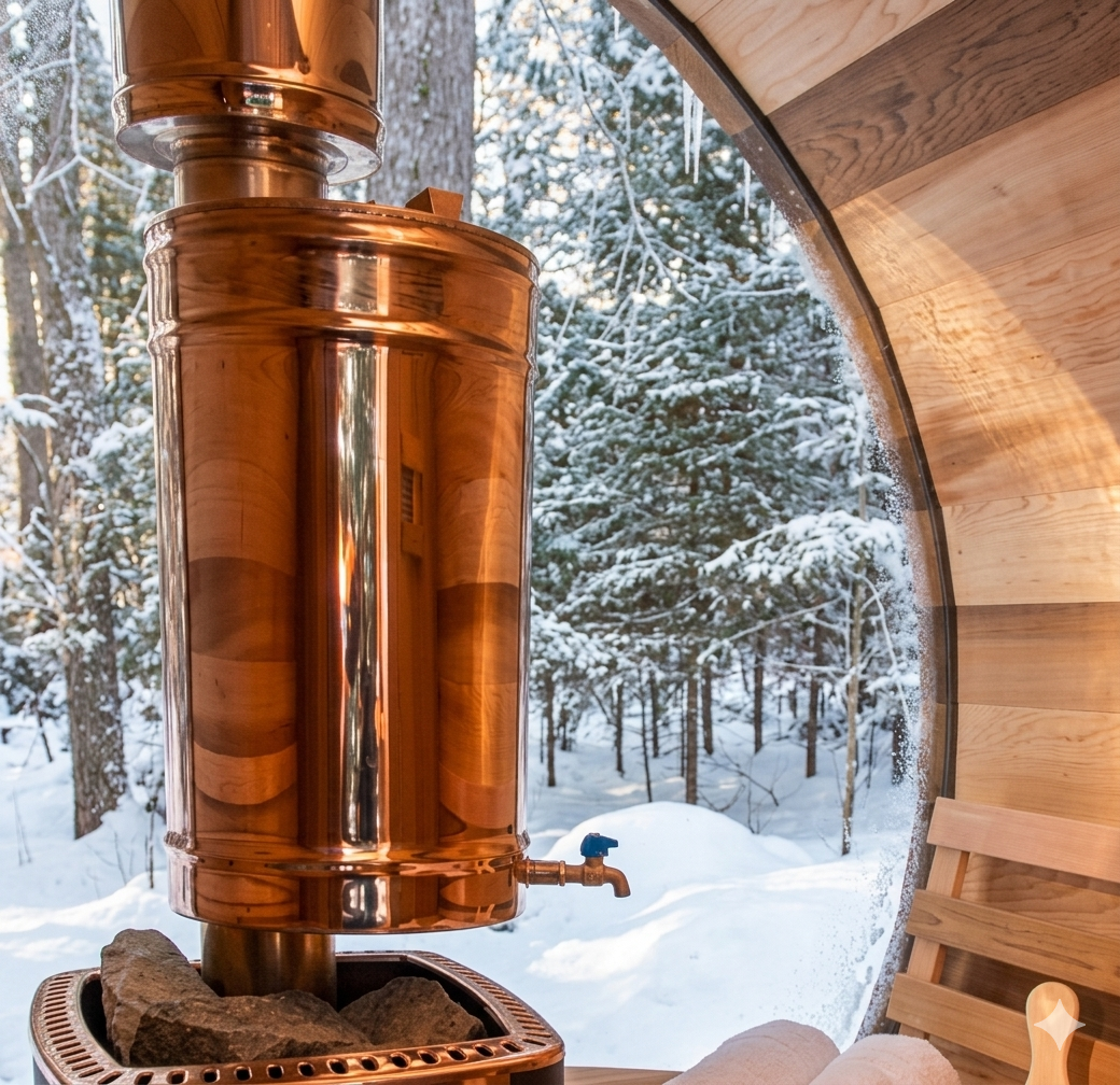 Copper-colored hot water heater inside a wooden sauna with snow-covered trees visible outside the window.