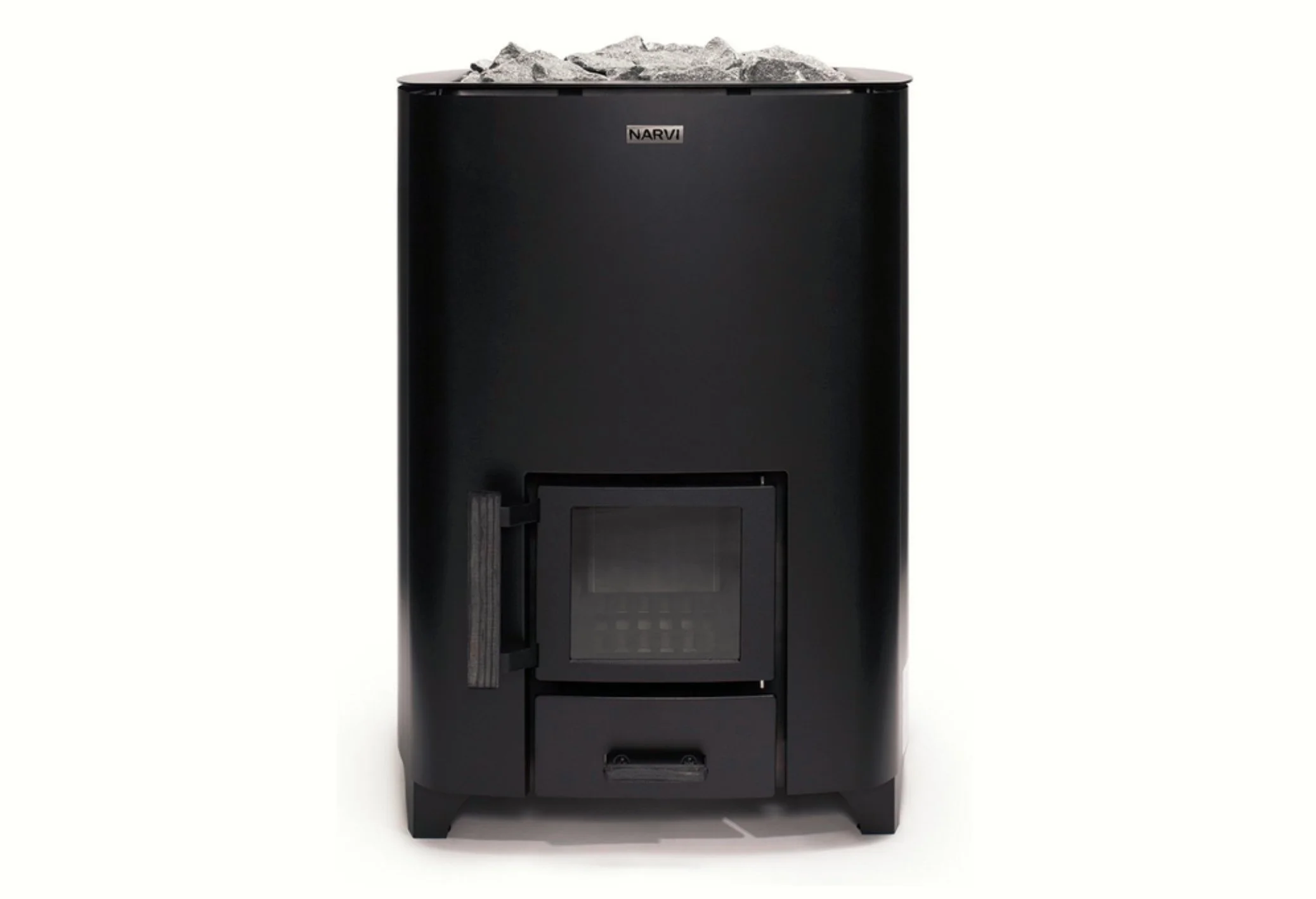Black sauna heater with rocks on top