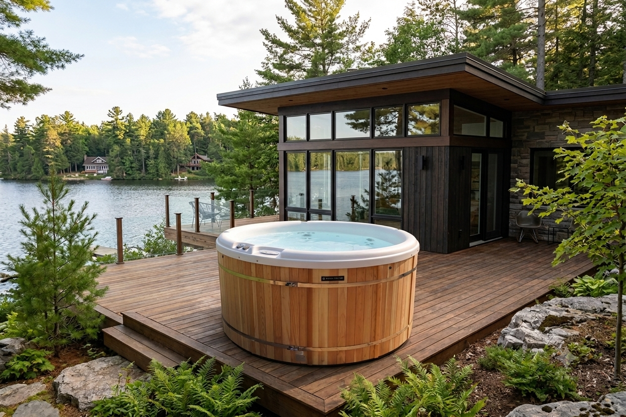 House with large glass windows and a wooden deck beside a lake, featuring a round hot tub on the deck and surrounded by trees.