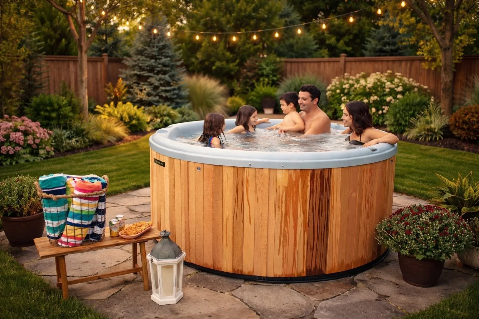A family enjoying an outdoor hot tub in a backyard at sunset, surrounded by plants and string lights.