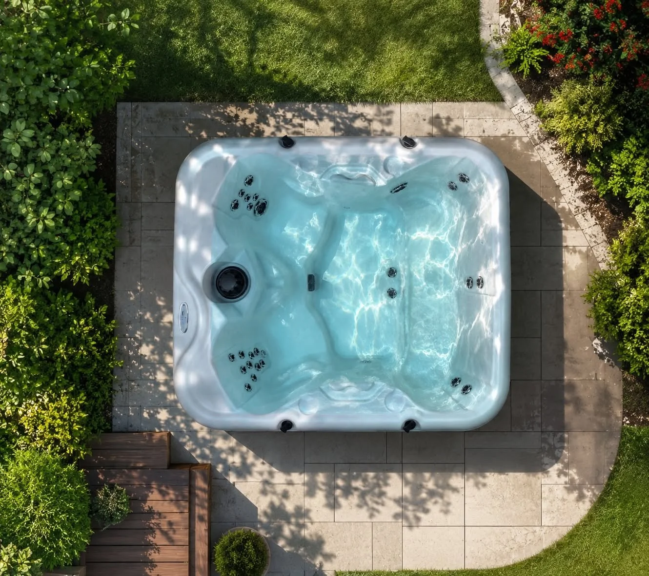 A white hot tub filled with water, placed on a stone patio, surrounded by green bushes and grass, viewed from above during daylight.