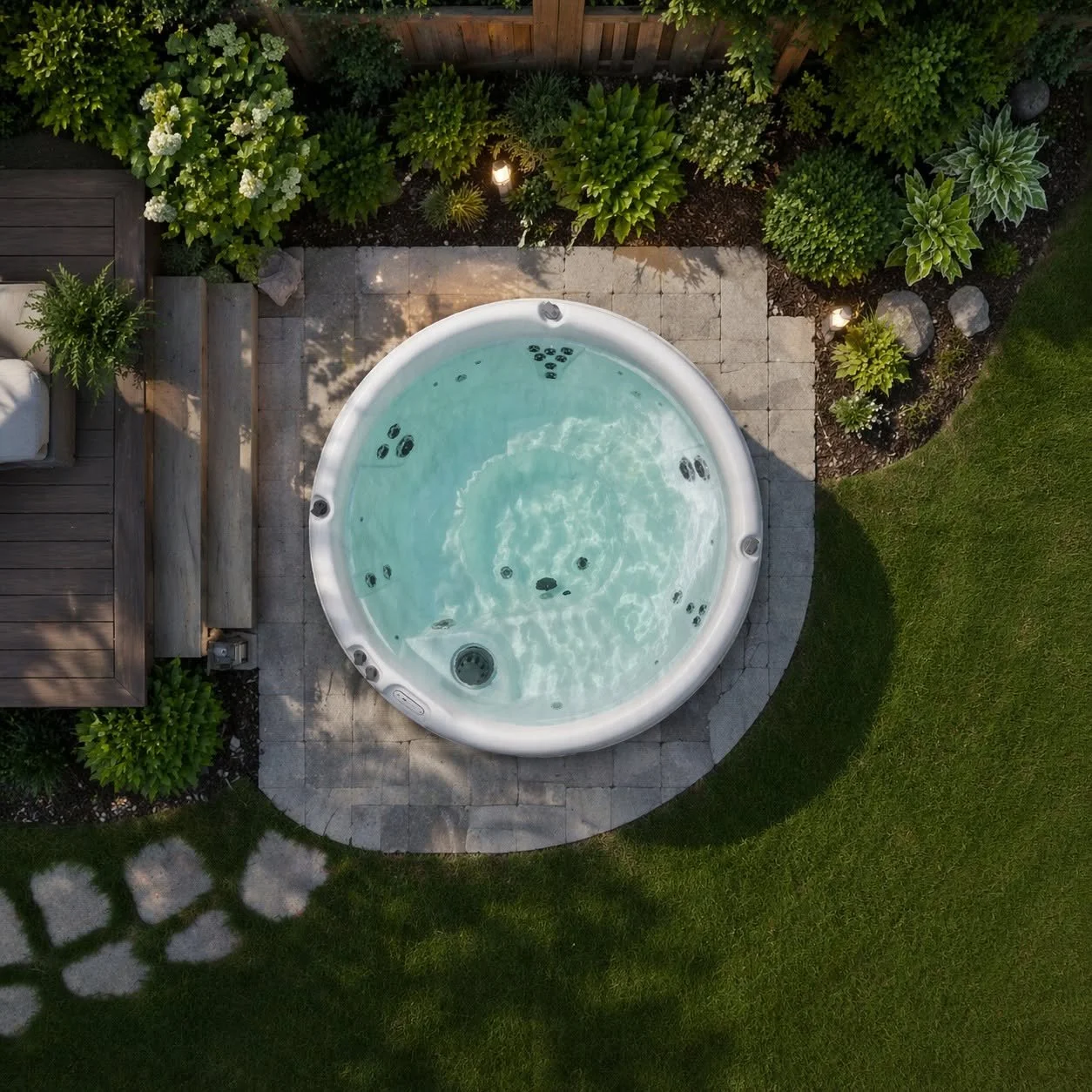 Bird's-eye view of a circular hot tub filled with water, surrounded by stone pavers and lush green plants, with a wooden deck on the left and a grassy area on the right.