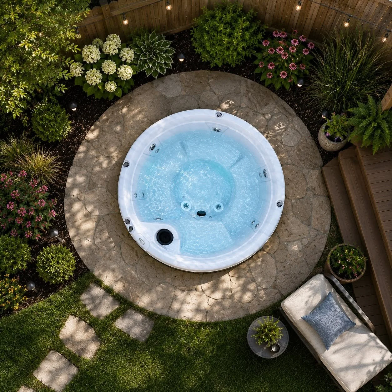 A round outdoor hot tub surrounded by landscaped garden with various flowering plants and greenery, a stone patio, garden lights, a wooden bench, potted plants, and a cushioned outdoor lounge chair with a pillow.