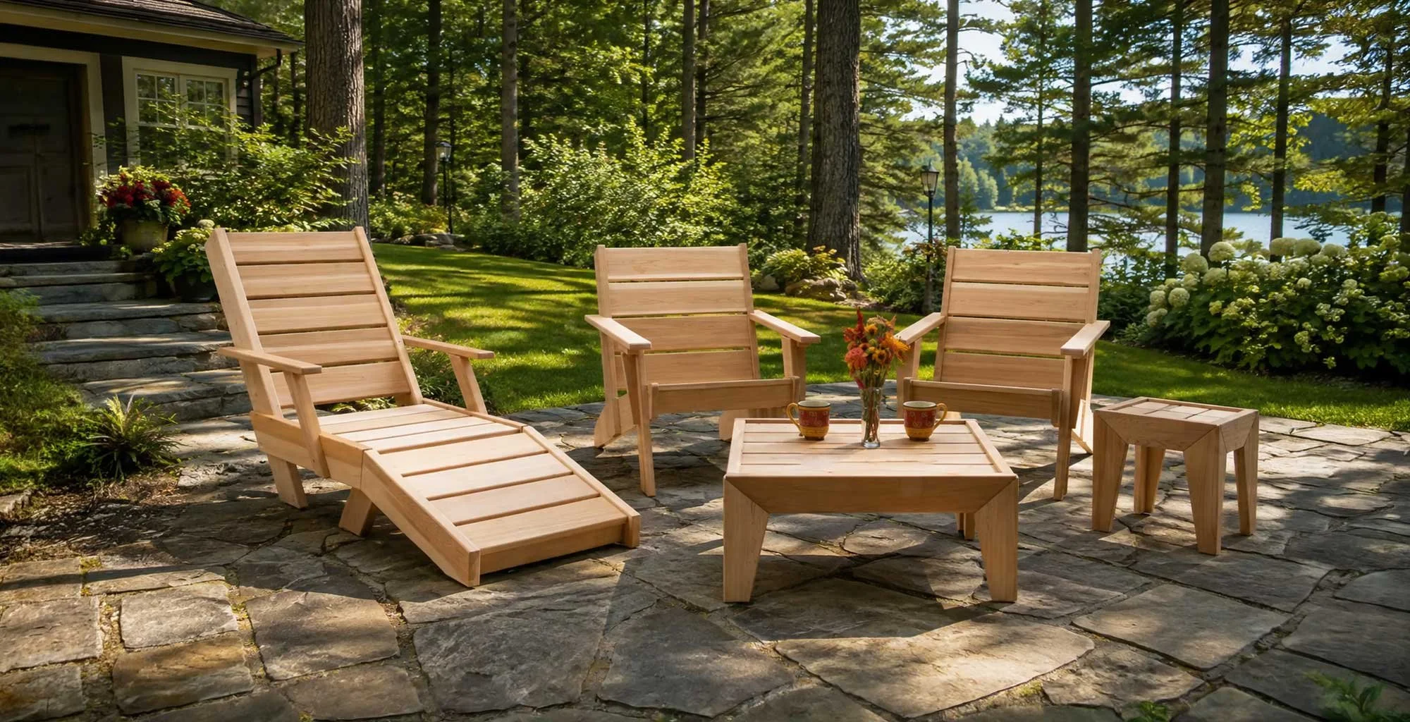 Outdoor patio with four wooden chairs around a small wooden table with a vase of flowers and two cups in front of a lush green forest and lake.