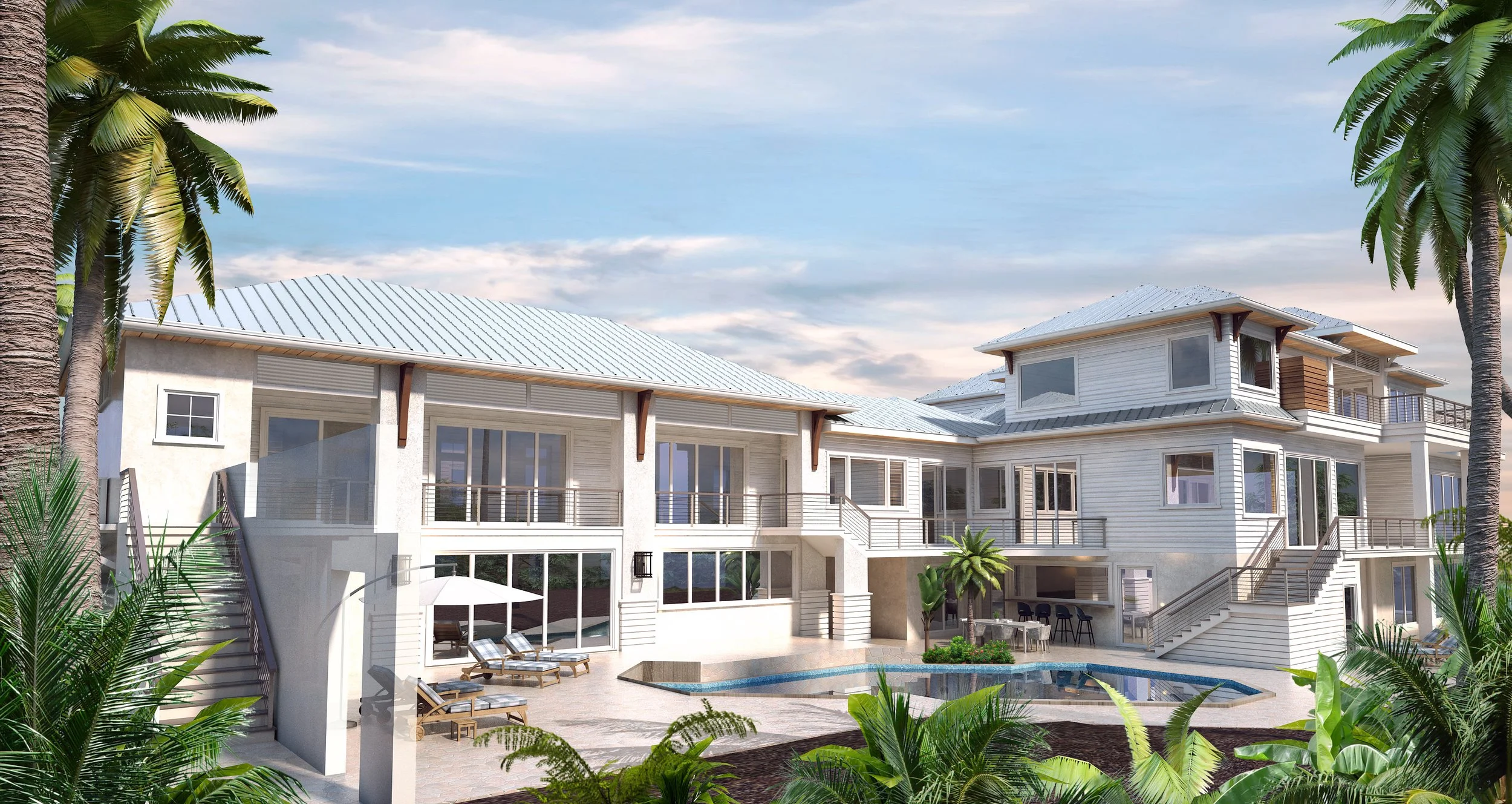 A modern multi-story house with large windows, a swimming pool, palm trees, and a patio area, set against a partly cloudy sky.