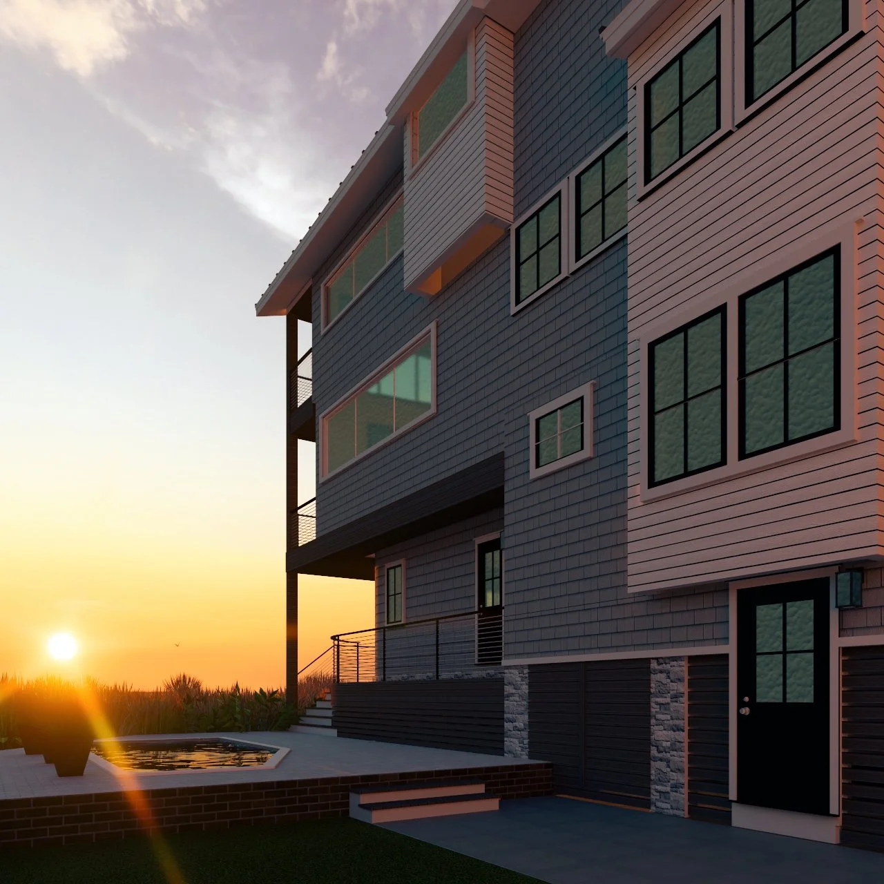 Modern multi-story beach house during sunset with an outdoor area and a small pool.
