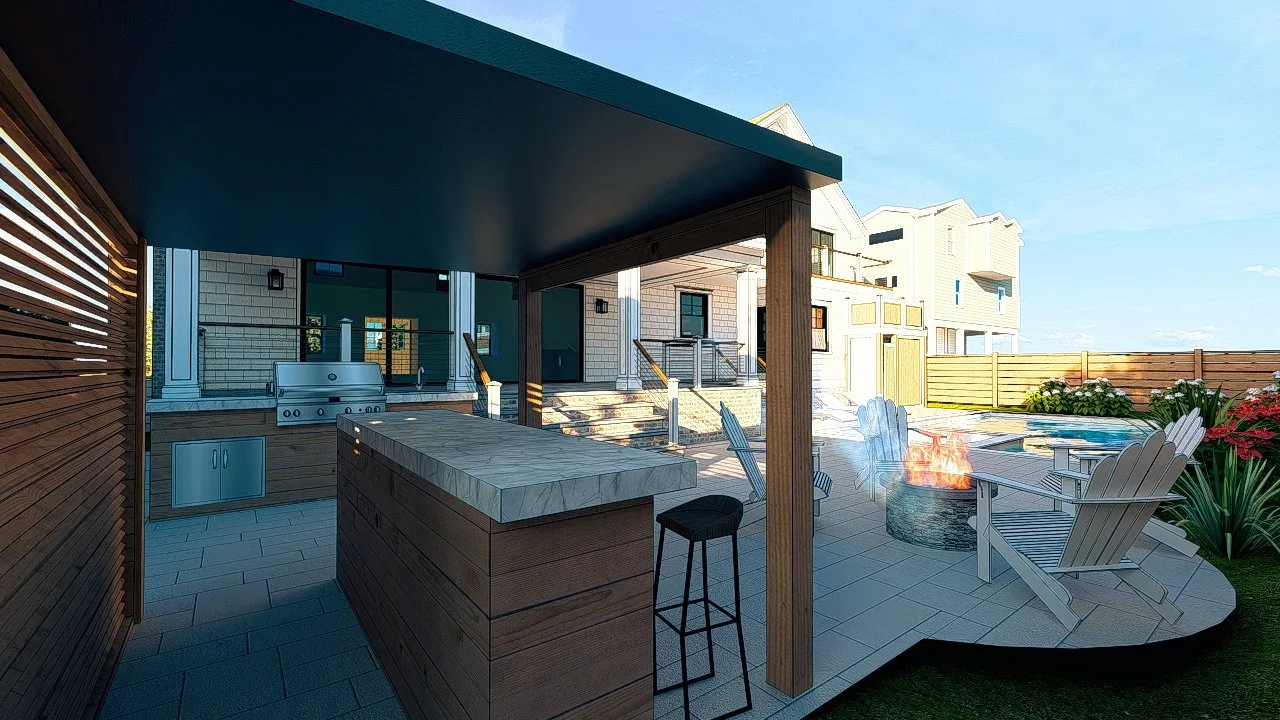 A modern outdoor patio with a covered kitchen area, a fire pit, Adirondack chairs, and a fenced backyard with flowers and a pool.