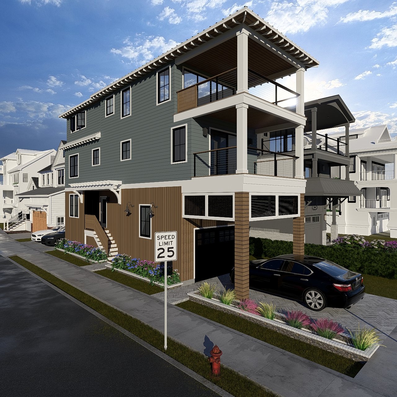 Modern multi-story residential building with a parking area, landscaped flower beds, and a speed limit sign of 25 miles per hour, under a partly cloudy sky.