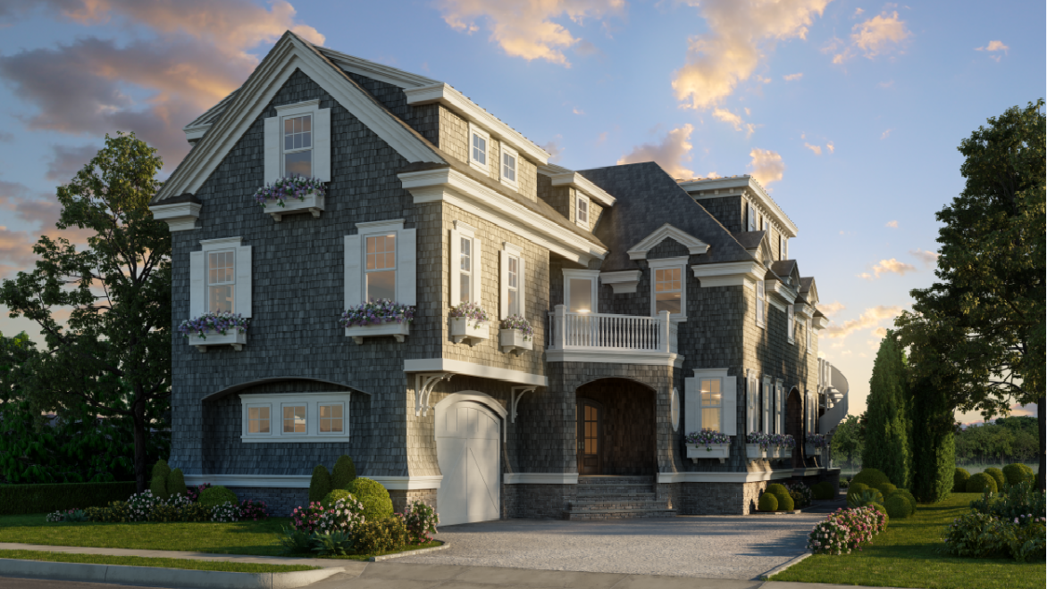 A large, gray three-story house with white trim and multiple windows, some with flower boxes, surrounded by landscaping, trees, and a driveway at sunset.