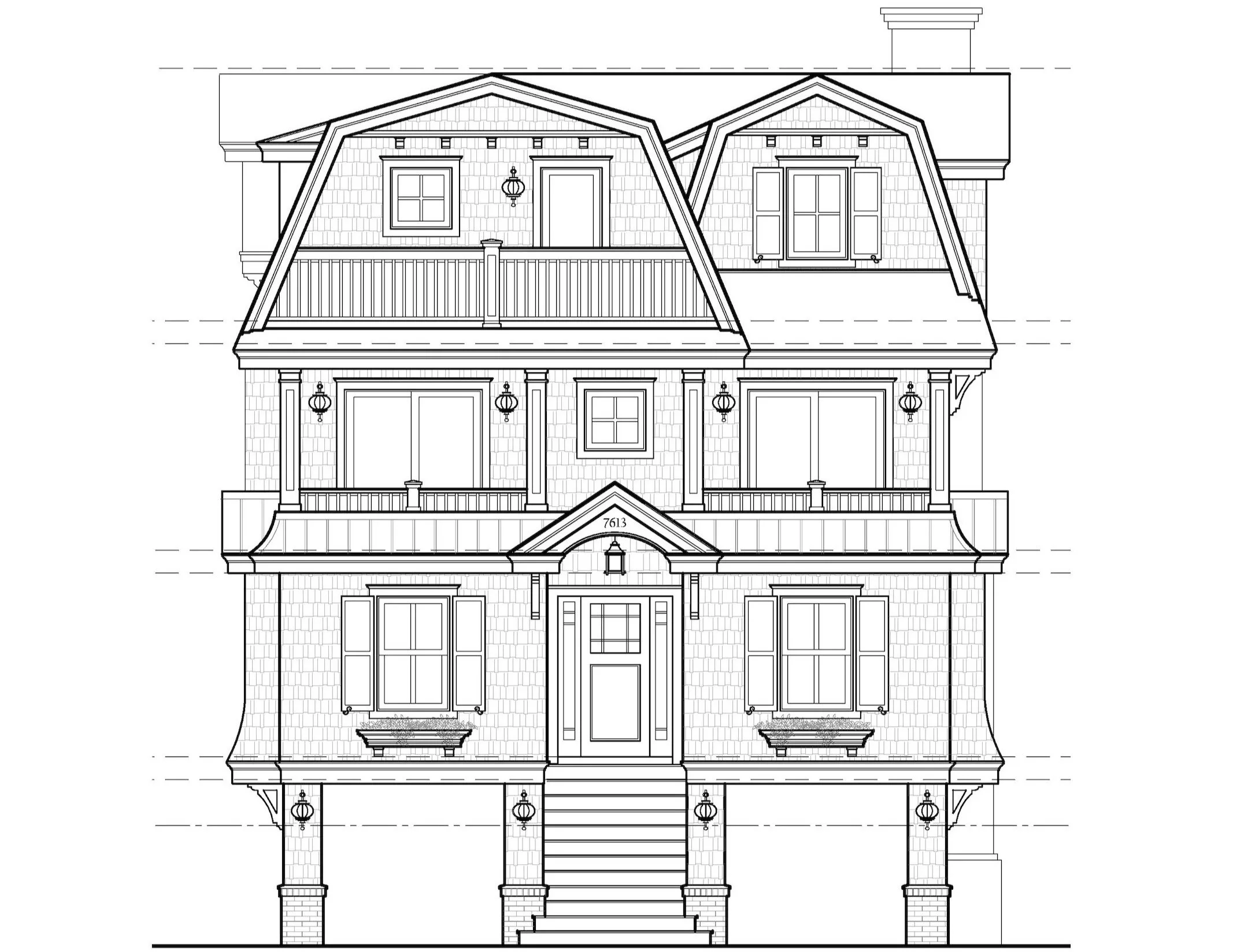 A detailed architectural blueprint of a multi-story house front elevation, showing windows, doors, stairs, and decorative elements.