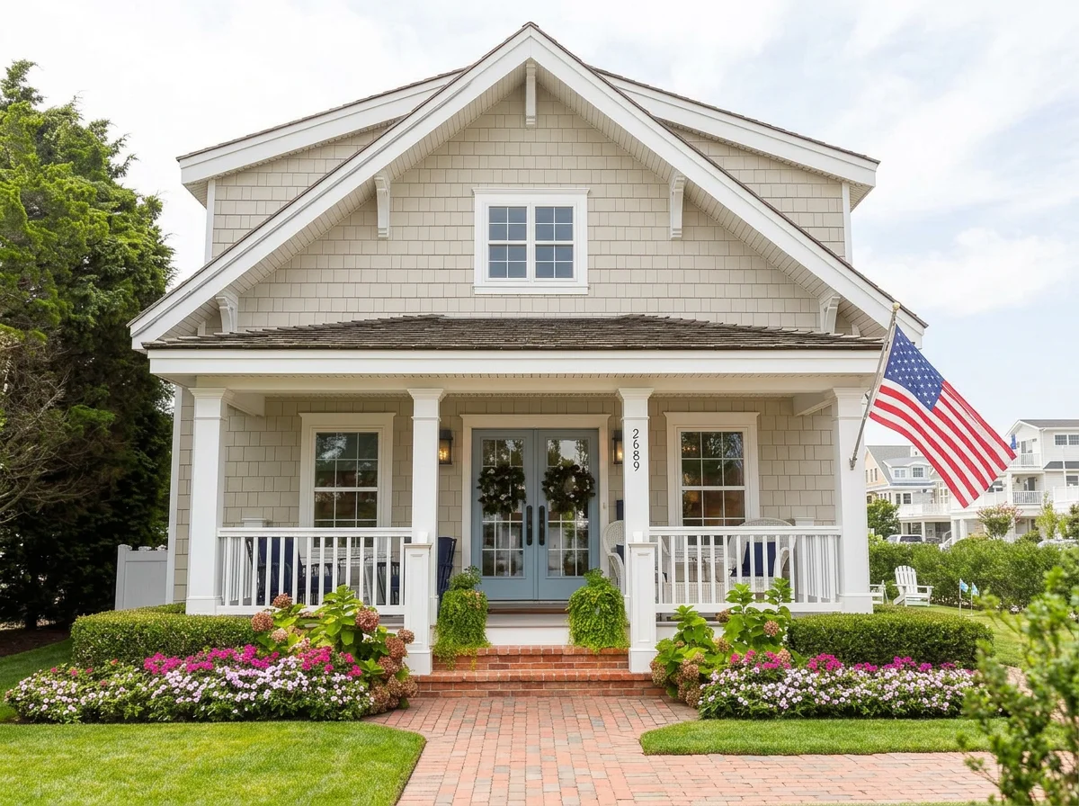 Front view of a white house with a porch, American flag, and garden with flowers.