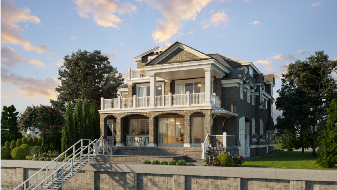 A large, three-story house with a gray brick exterior, white trim, and a spacious porch with columns and railing, surrounded by trees and landscaped lawn, during sunset.
