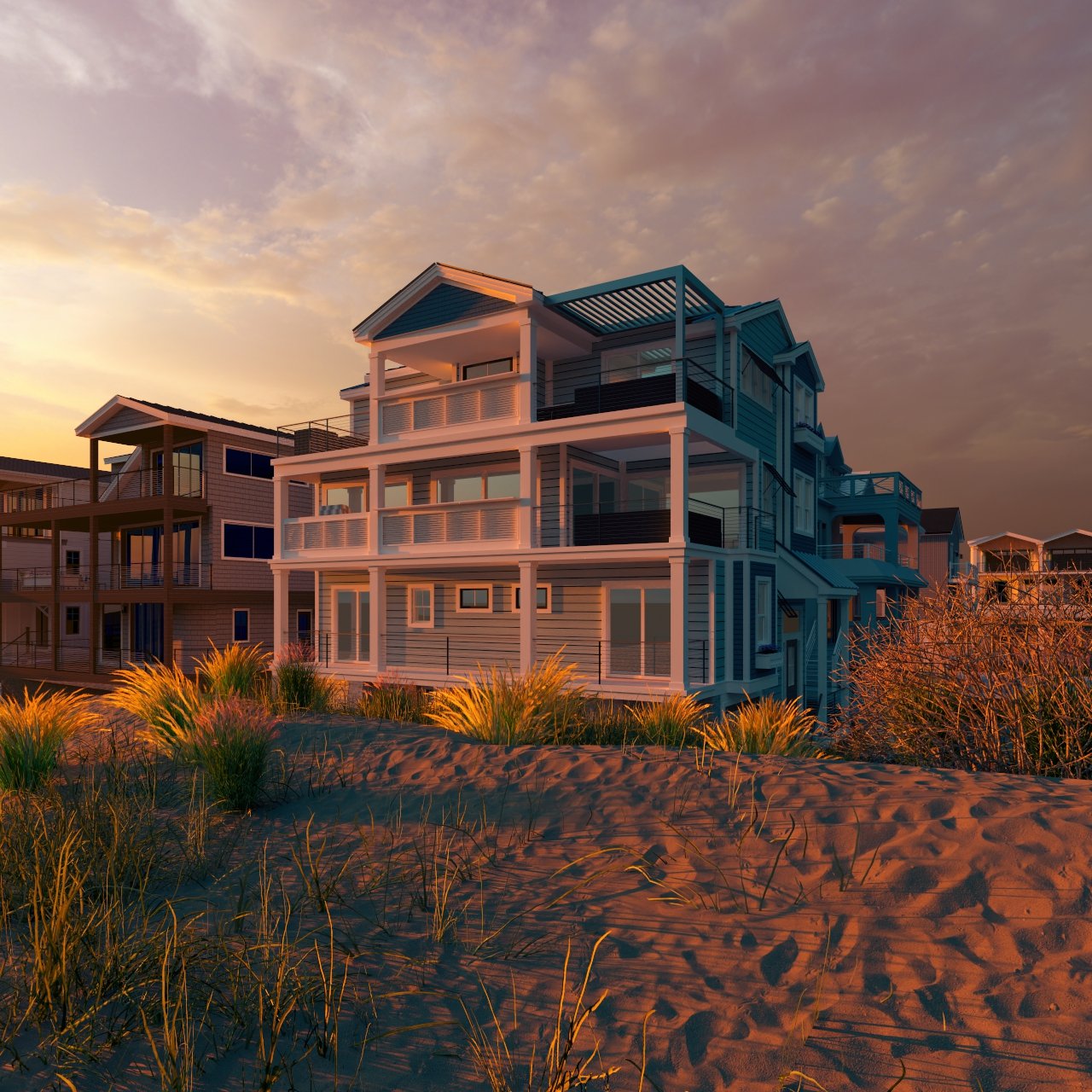 Modern beachside houses at sunset with sand and coastal plants in the foreground.