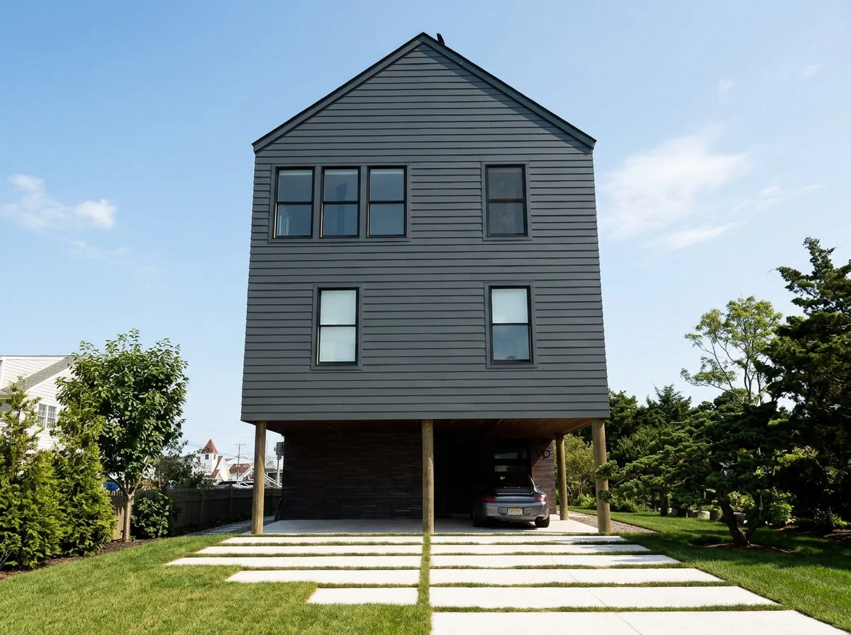 Modern gray house elevated on stilts with a parking area underneath, and a black car parked inside. Green grass, trees, and a blue sky with clouds surround the house.
